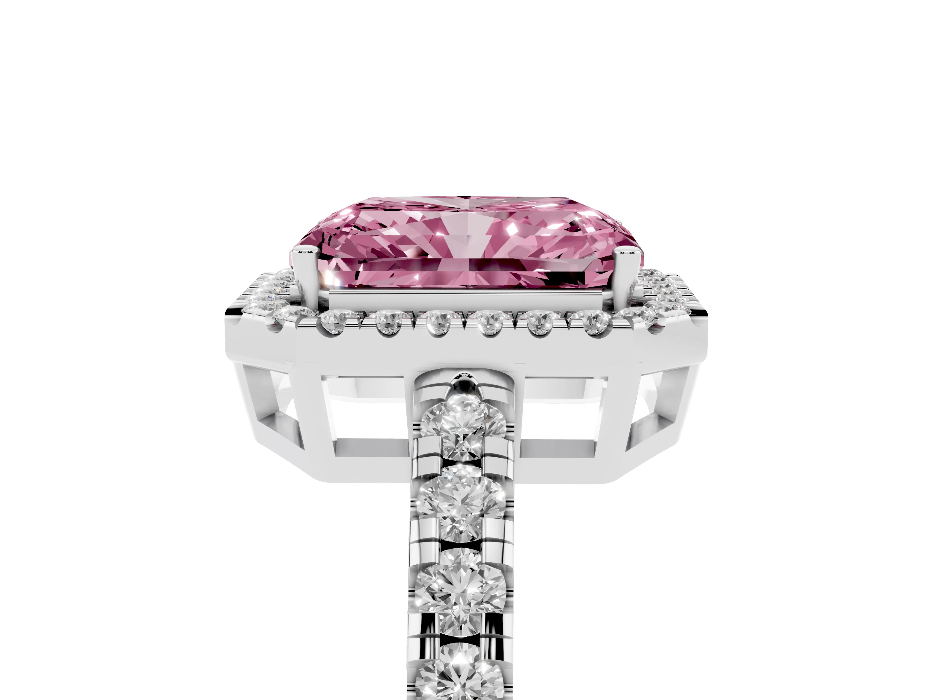 Fancy Pink Radiant Cut Diamond Halo Ring Set in Platinum with Delicate Pavé Band and Prong Setting