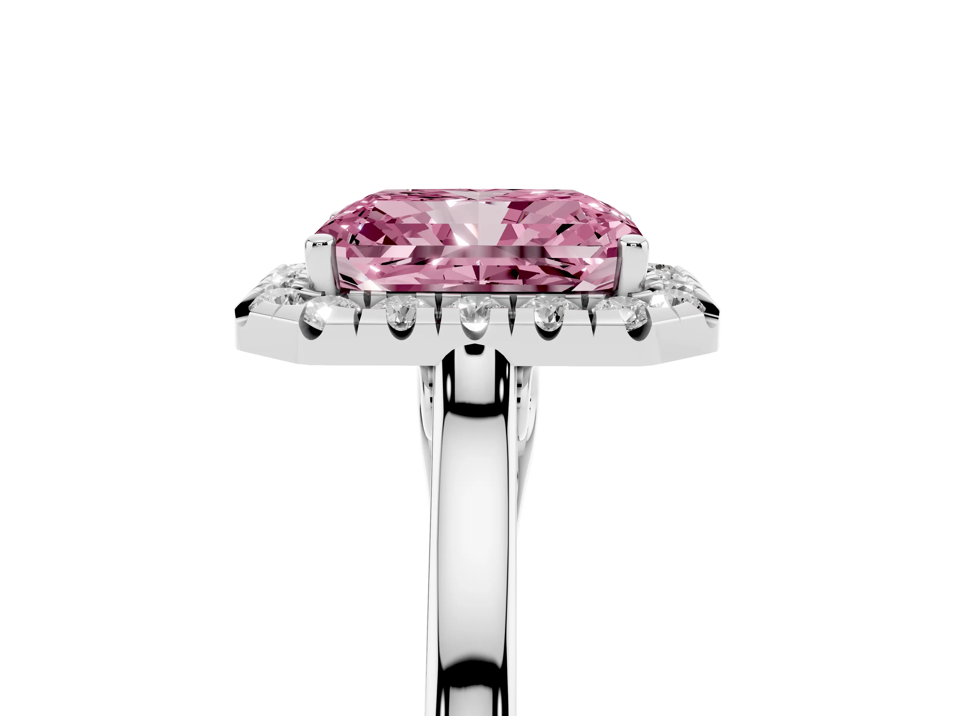 Fancy Pink Radiant Cut Halo Round Diamond Solitaire Ring Set in White gold with Pavé Band and Prong Setting