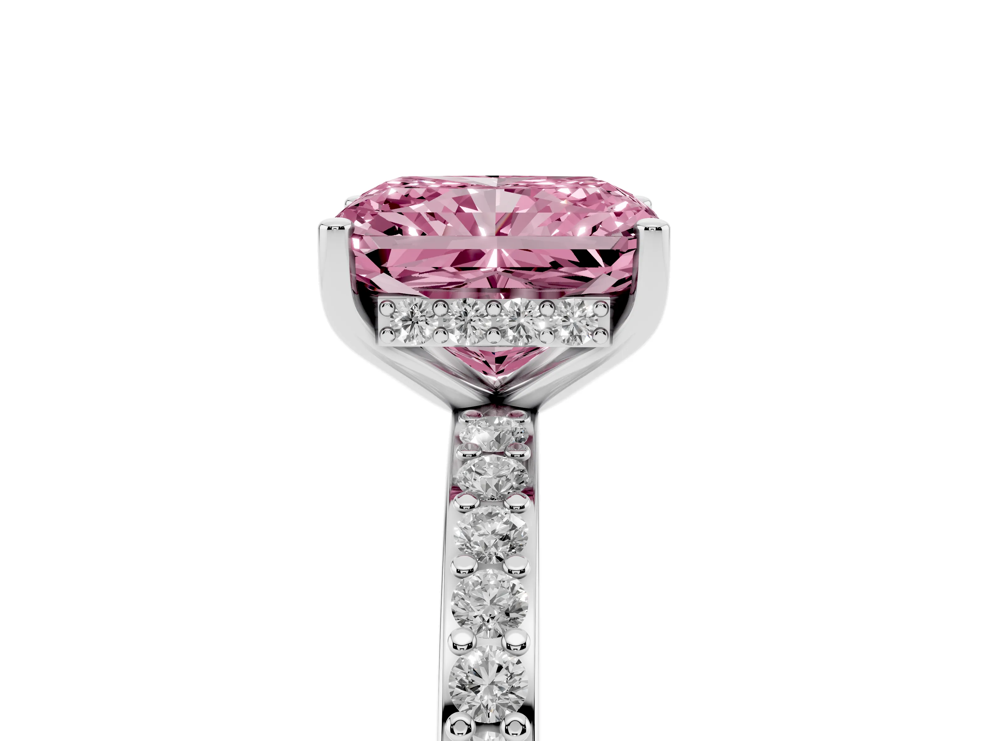 Fancy Pink Radiant Cut Diamond Pavé Band Ring Set in Platinum with Prong-Set Center Stone