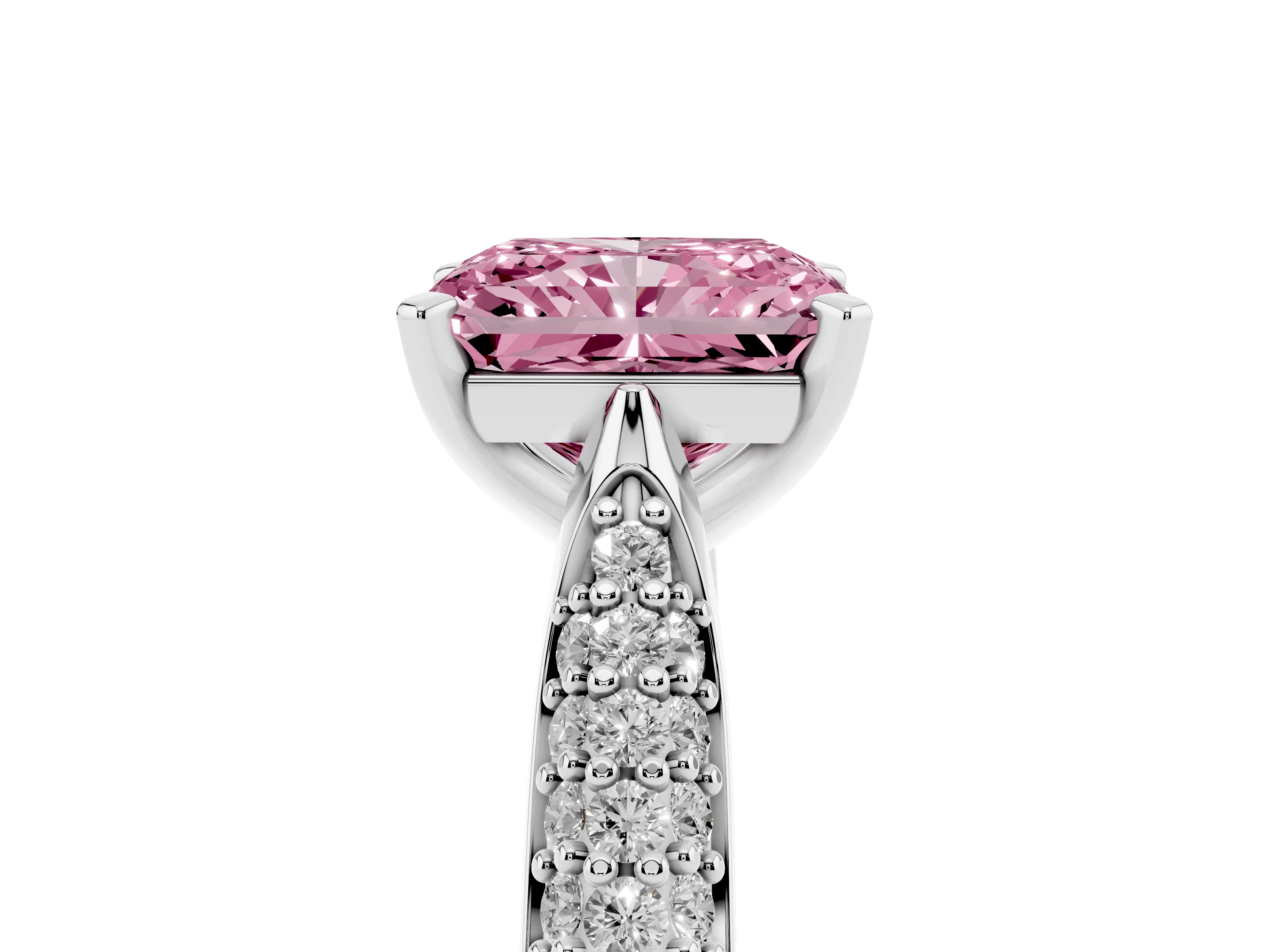Fancy Pink Radiant Cut Diamond Solitaire Engagement Ring Set in White gold with Multi-Row Round Pavé Band and Prong Setting