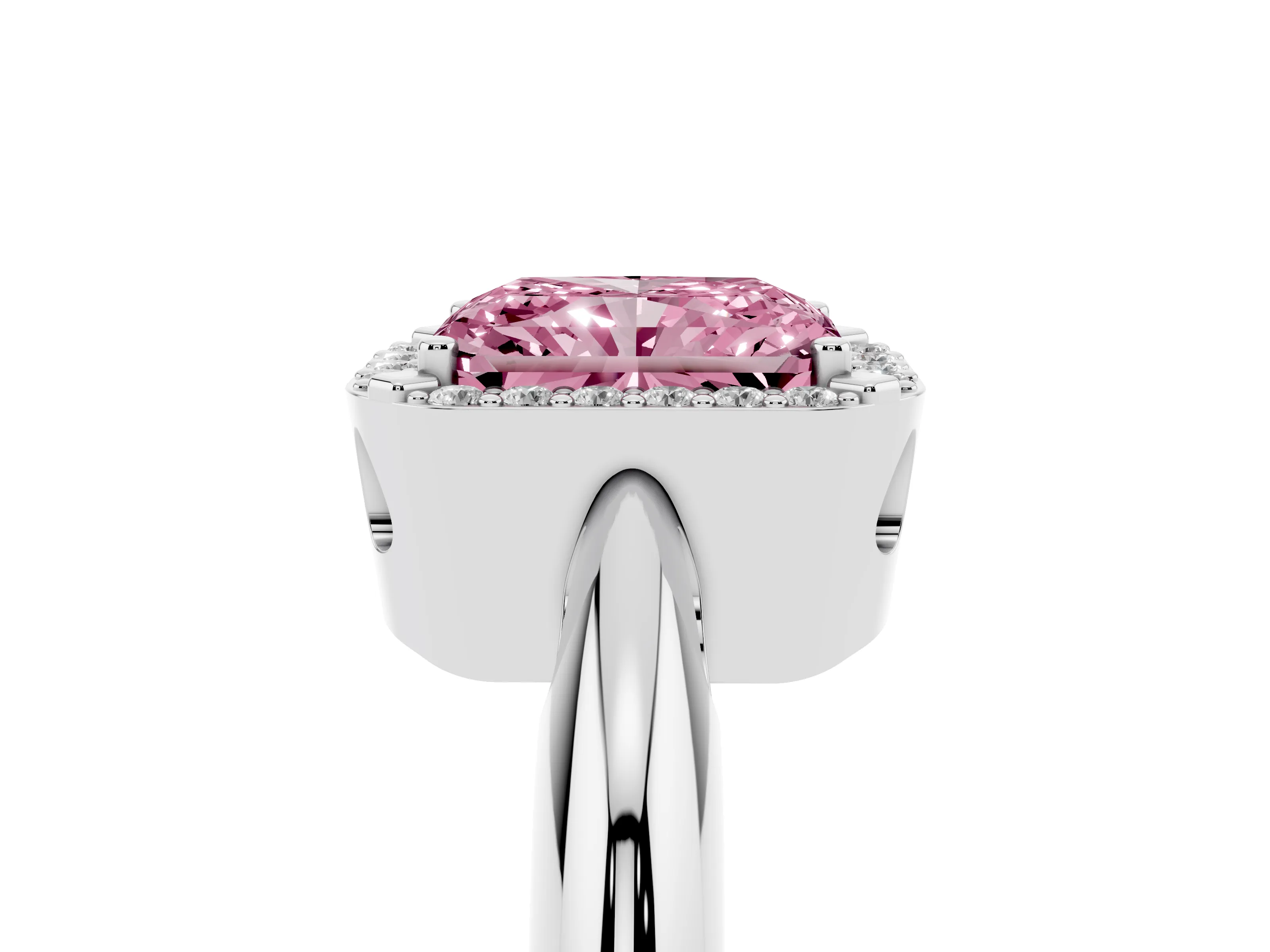 Fancy Pink Radiant Cut Diamond Halo Engagement Ring Set in Platinum with Plain Split Shank and Prong Setting