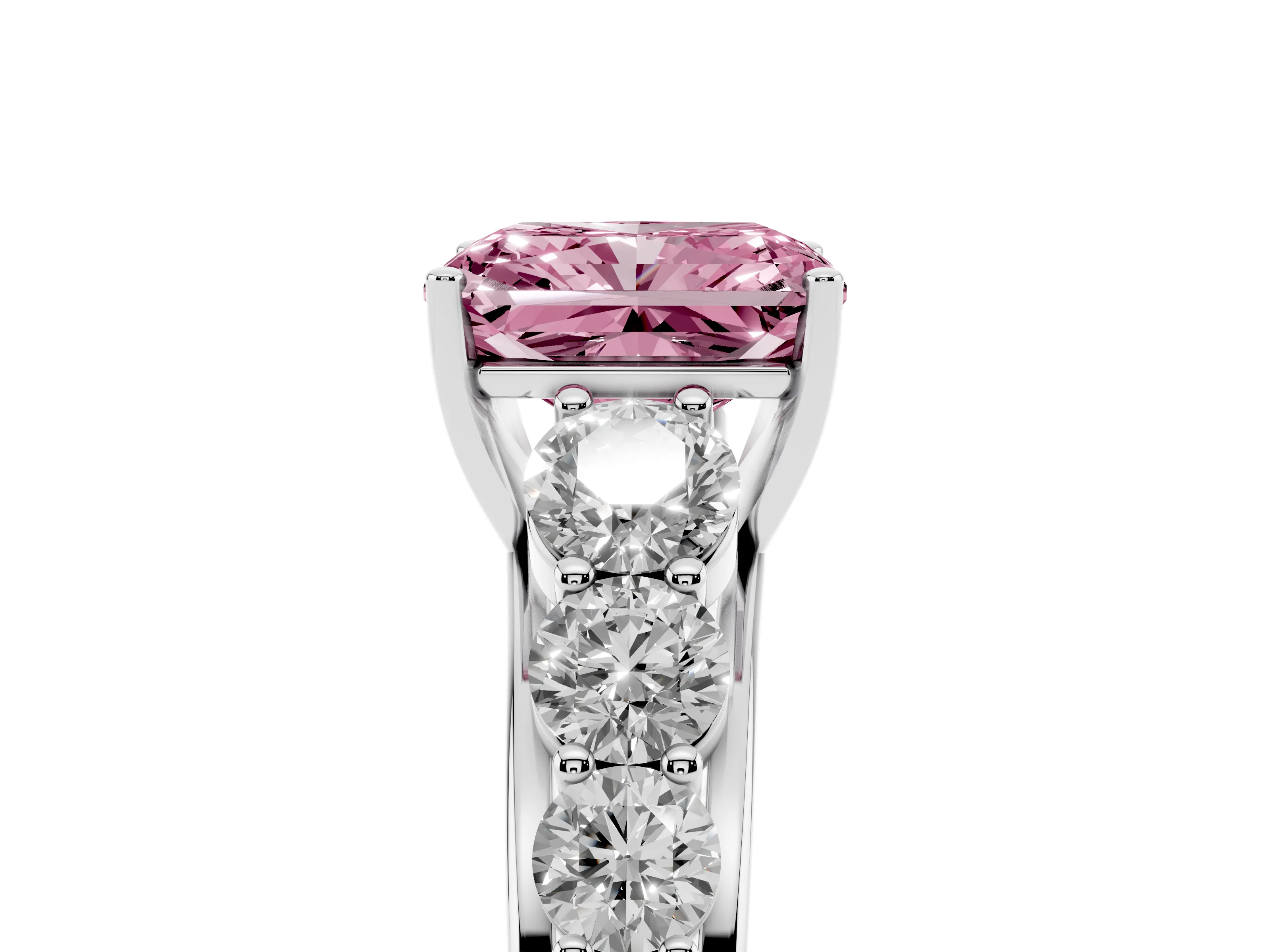 Fancy Pink Radiant Cut Diamond Solitaire Ring Set in White gold with Pavé-Set Band and Prong Setting