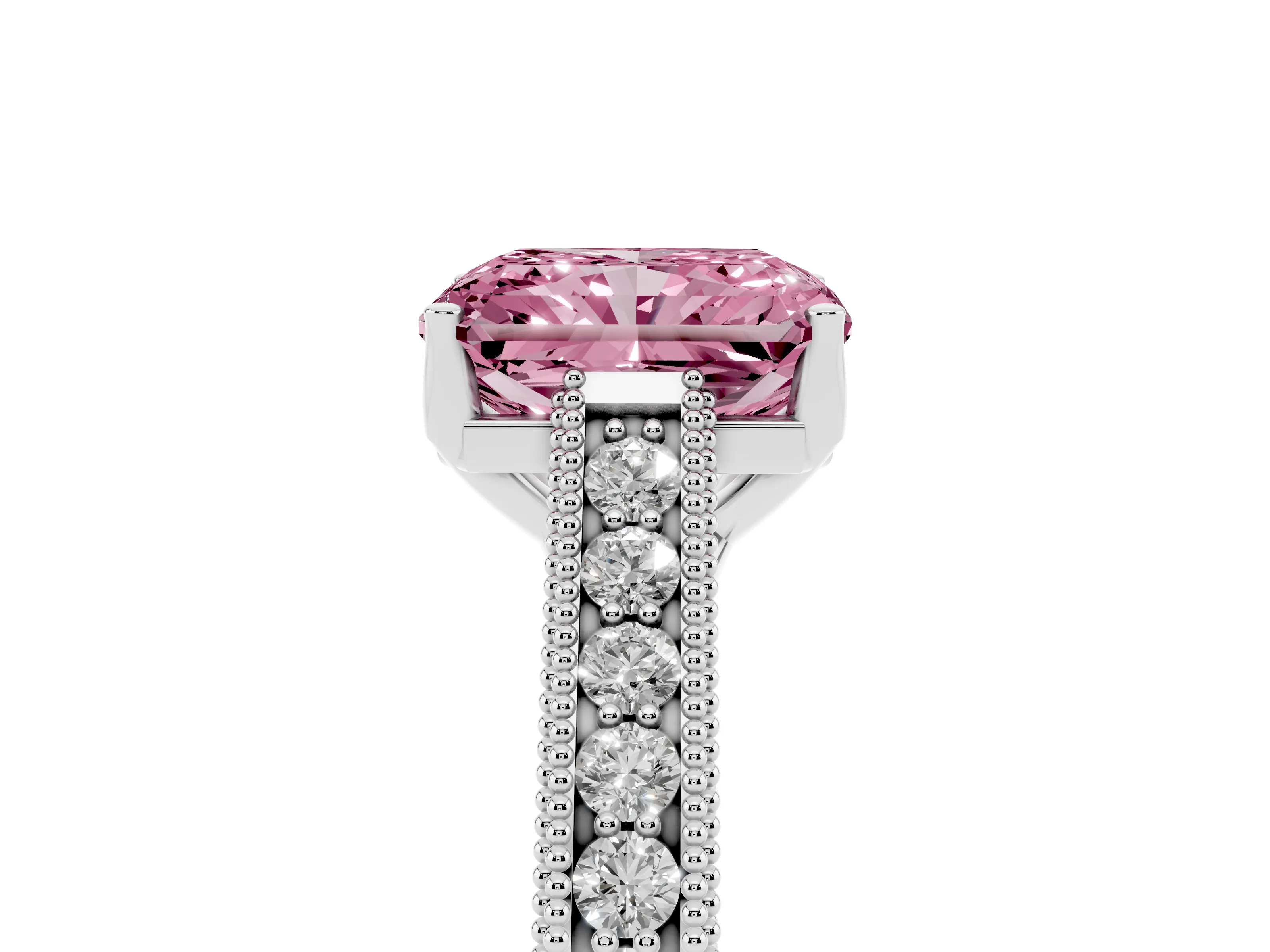 Fancy Pink Radiant Cut Diamond Milgrain Pavé Band Solitaire Ring Set in Platinum with Prong Setting