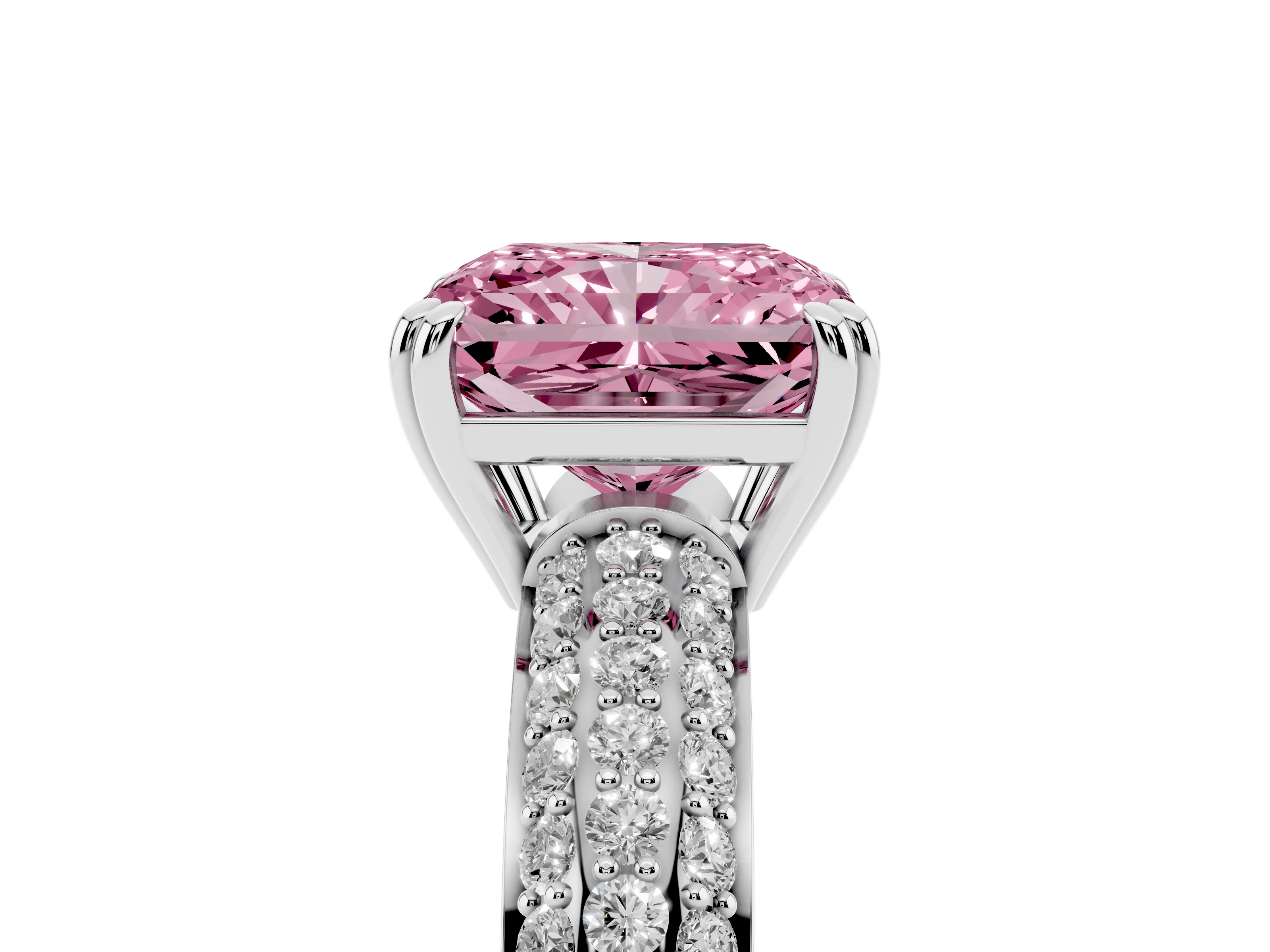 Fancy Pink Radiant Cut Diamond Solitaire Ring Set in Platinum with Multi-Row Round Pavé Band and Prong Setting