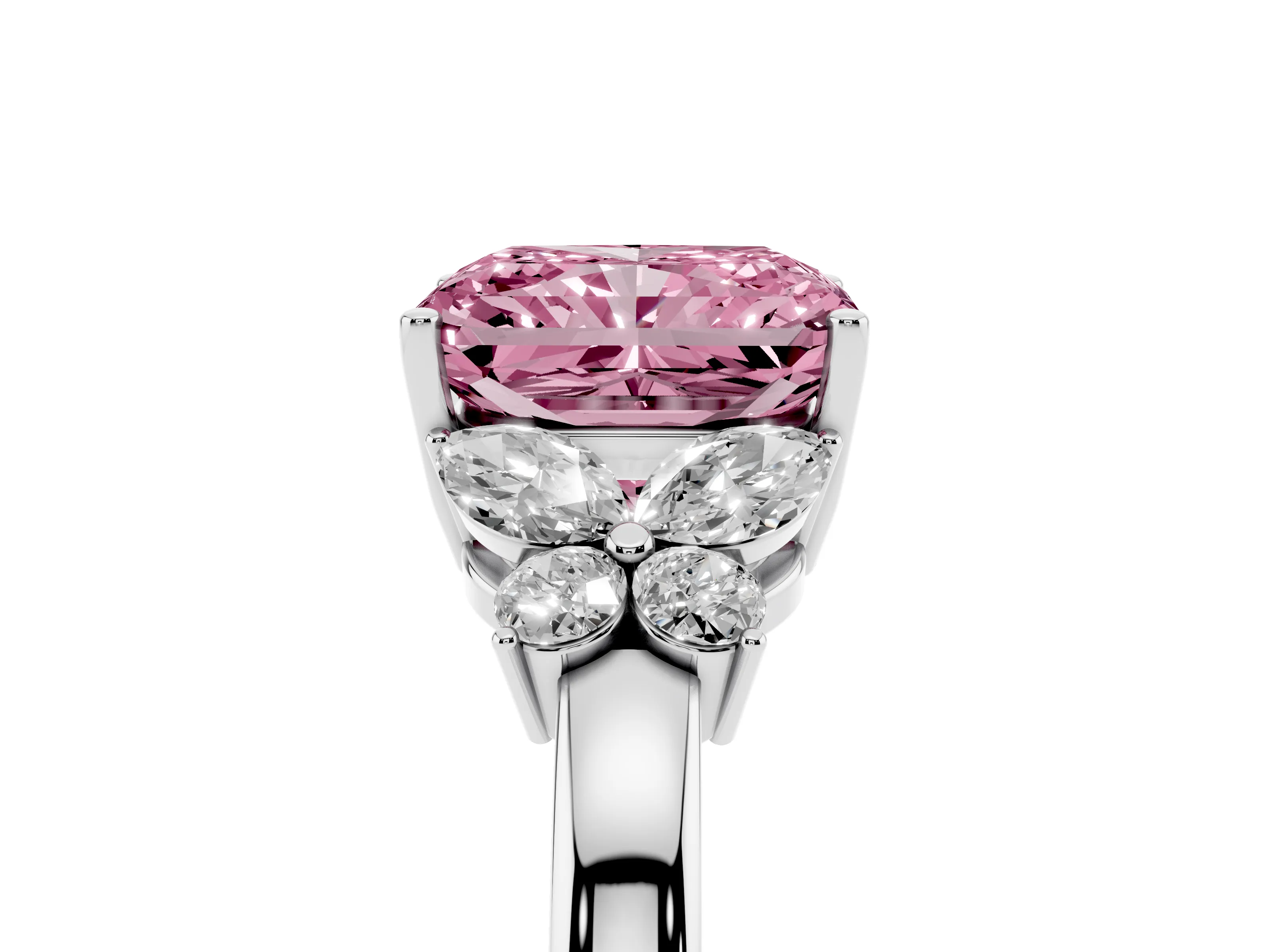 Fancy Pink Radiant Cut Diamond Solitaire Floral Ring Set in White gold with Marquise Petals and Prong Setting