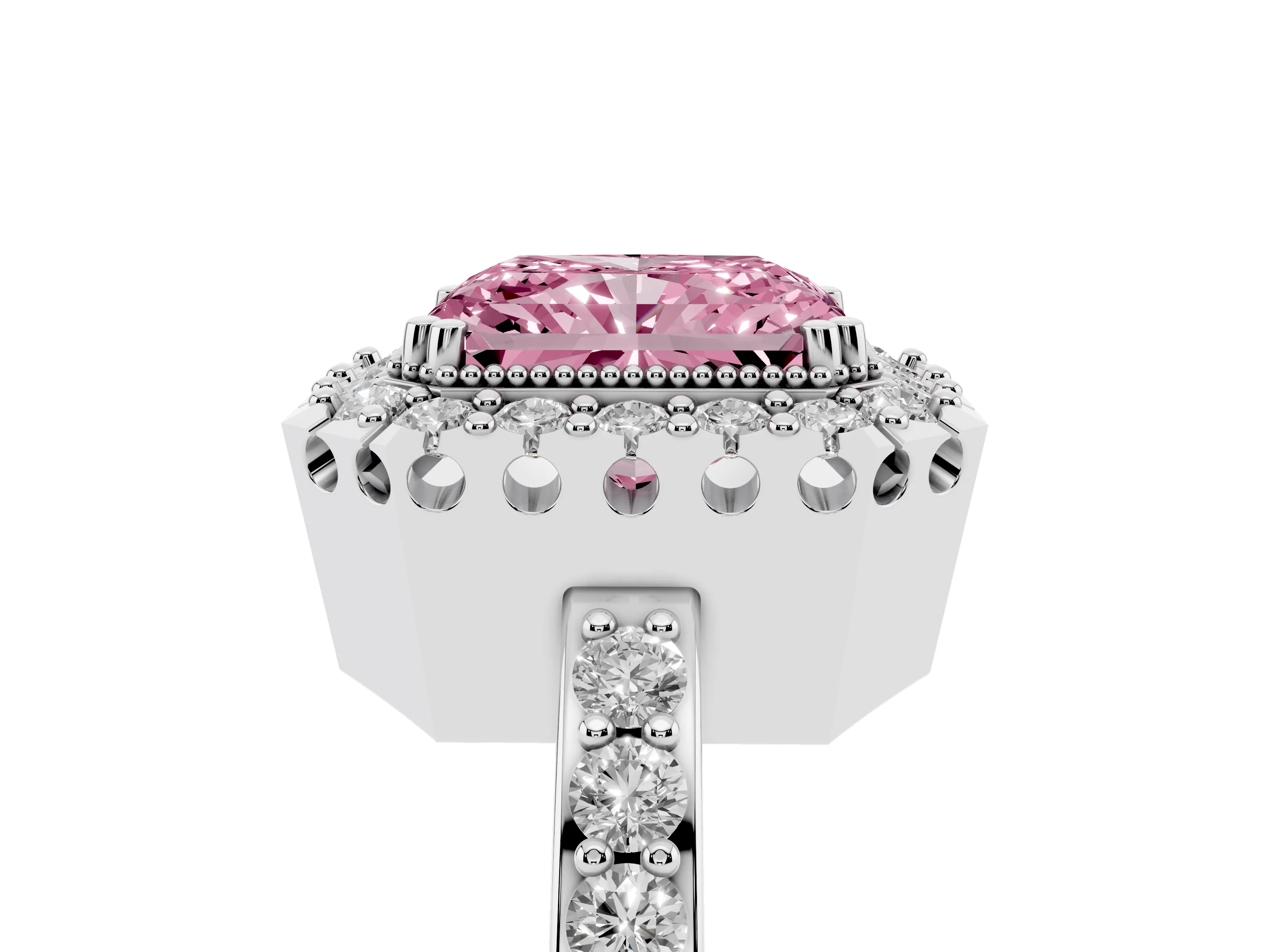 Fancy Pink Radiant Cut Diamond Halo Ring Set in White gold with Pavé Shank and Prong Setting