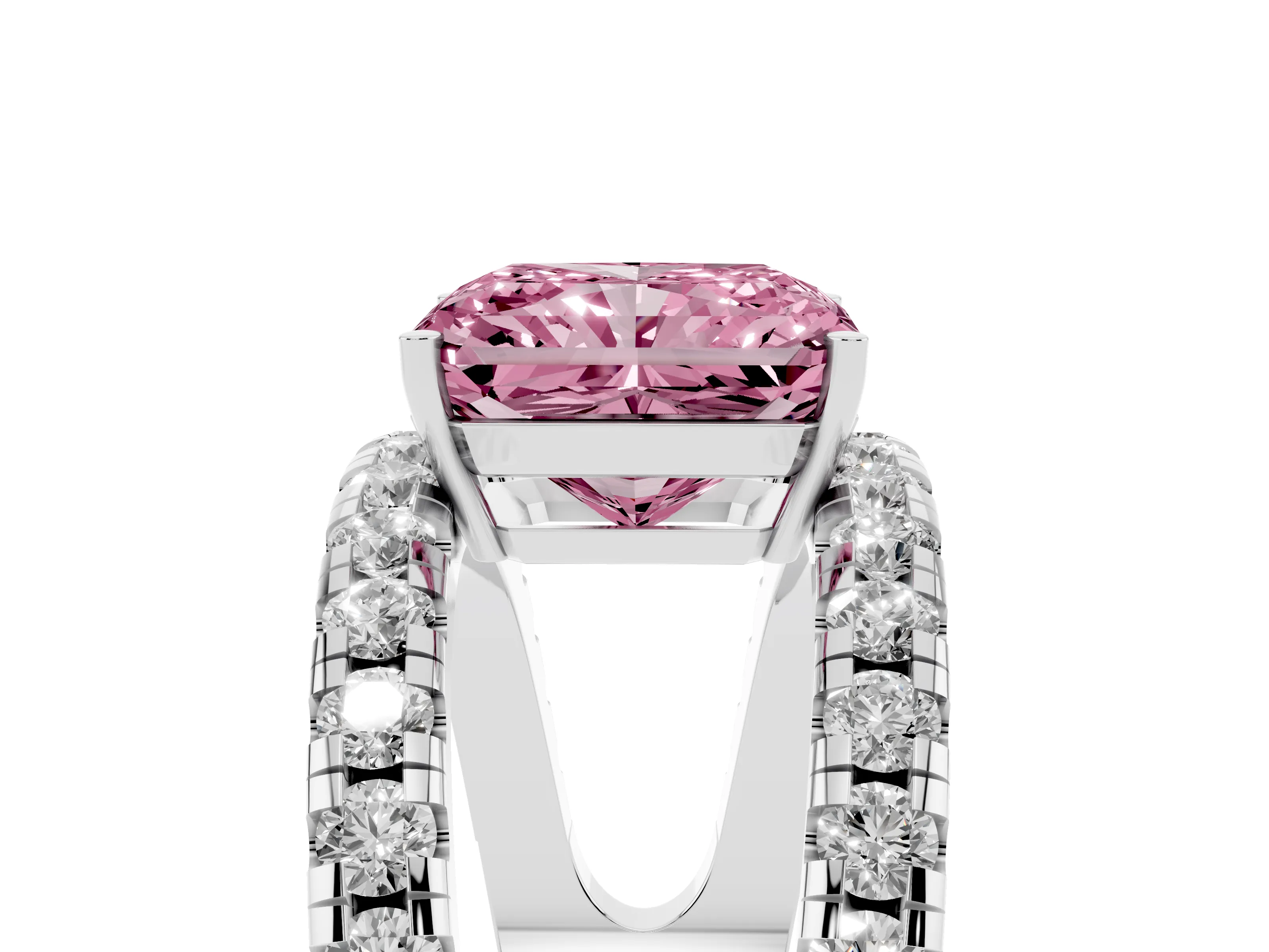 Fancy Pink Radiant Cut Diamond Split Shank Pavé Solitaire Ring Set in Platinum with Open Shank Design