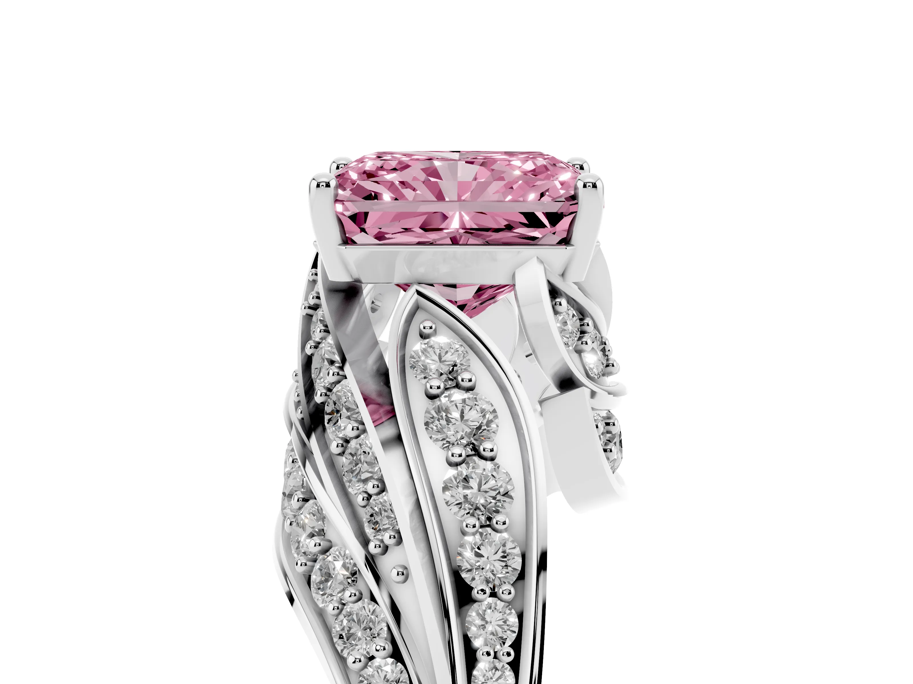 Fancy Pink Radiant Cut Diamond Solitaire Ring Set in Silver with Layered Twist Pavé Band