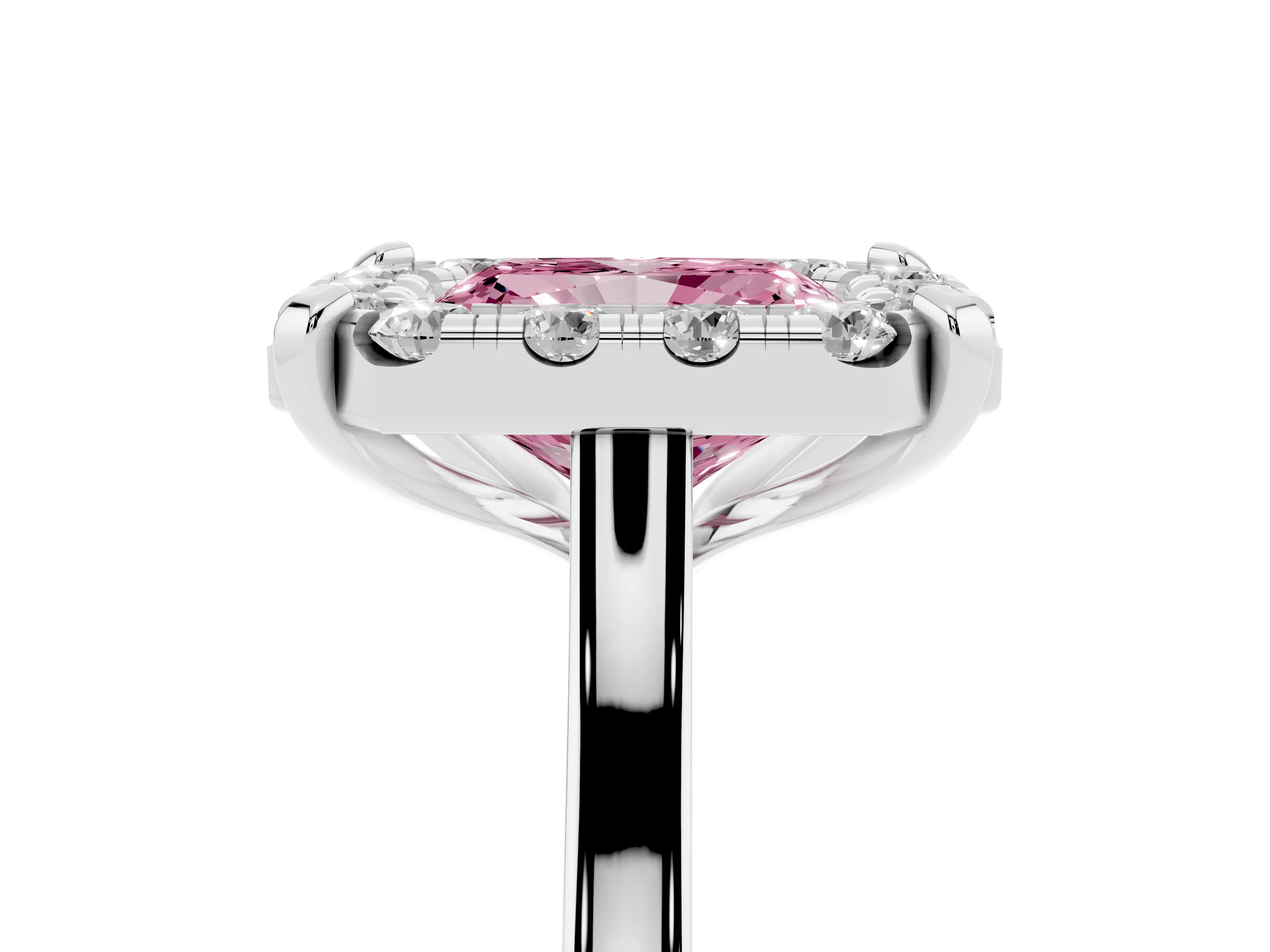 Fancy Pink Radiant Cut Diamond Cluster Halo Solitaire Ring Set in Silver with Prong Setting