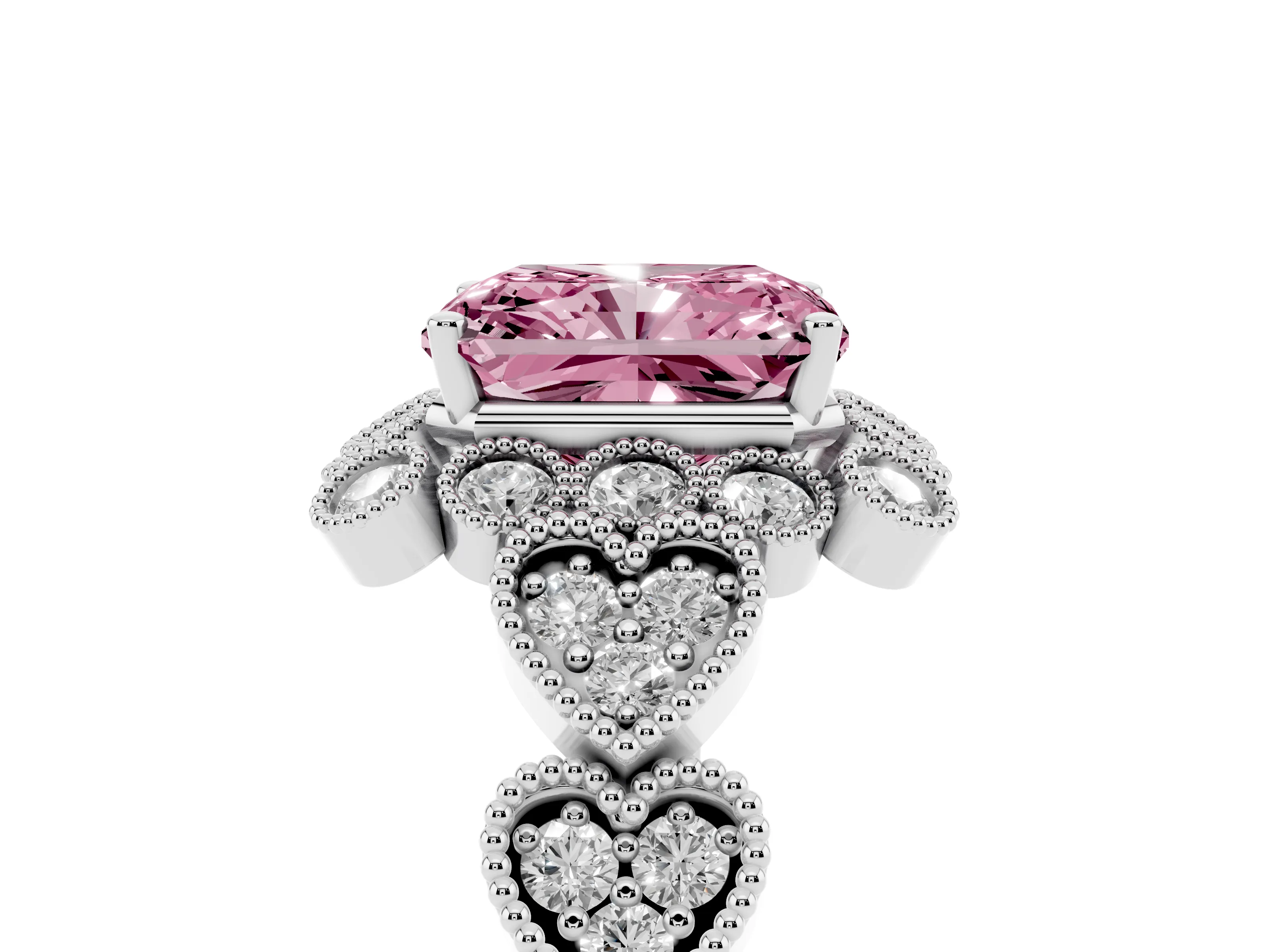 Fancy Pink Radiant Cut Diamond Solitaire Ring Set in Silver with Milgrain Pavé Heart Band