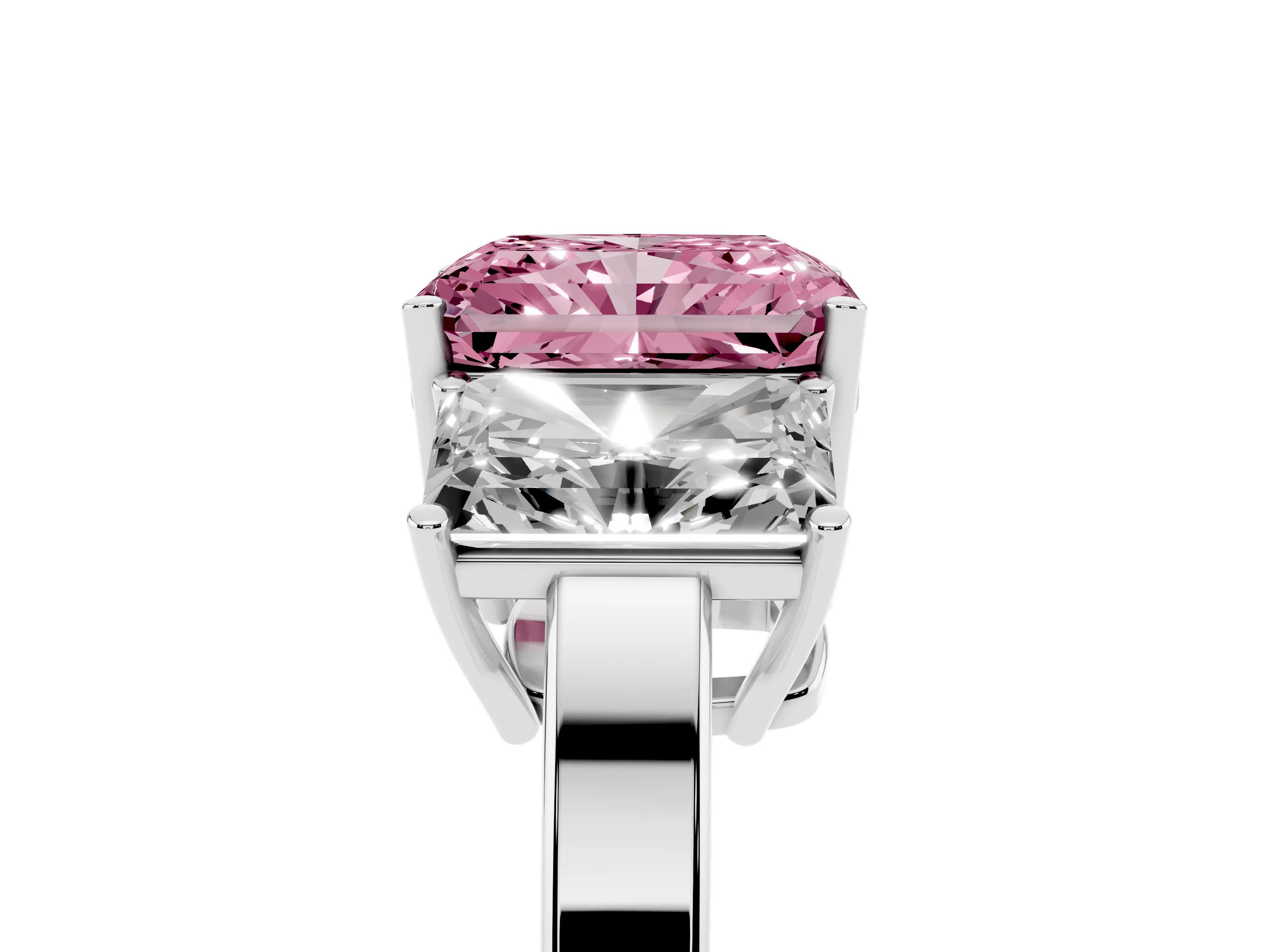 Fancy Pink Radiant Cut Diamond Three-Stone Engagement Ring Set in Platinum with Flat Band