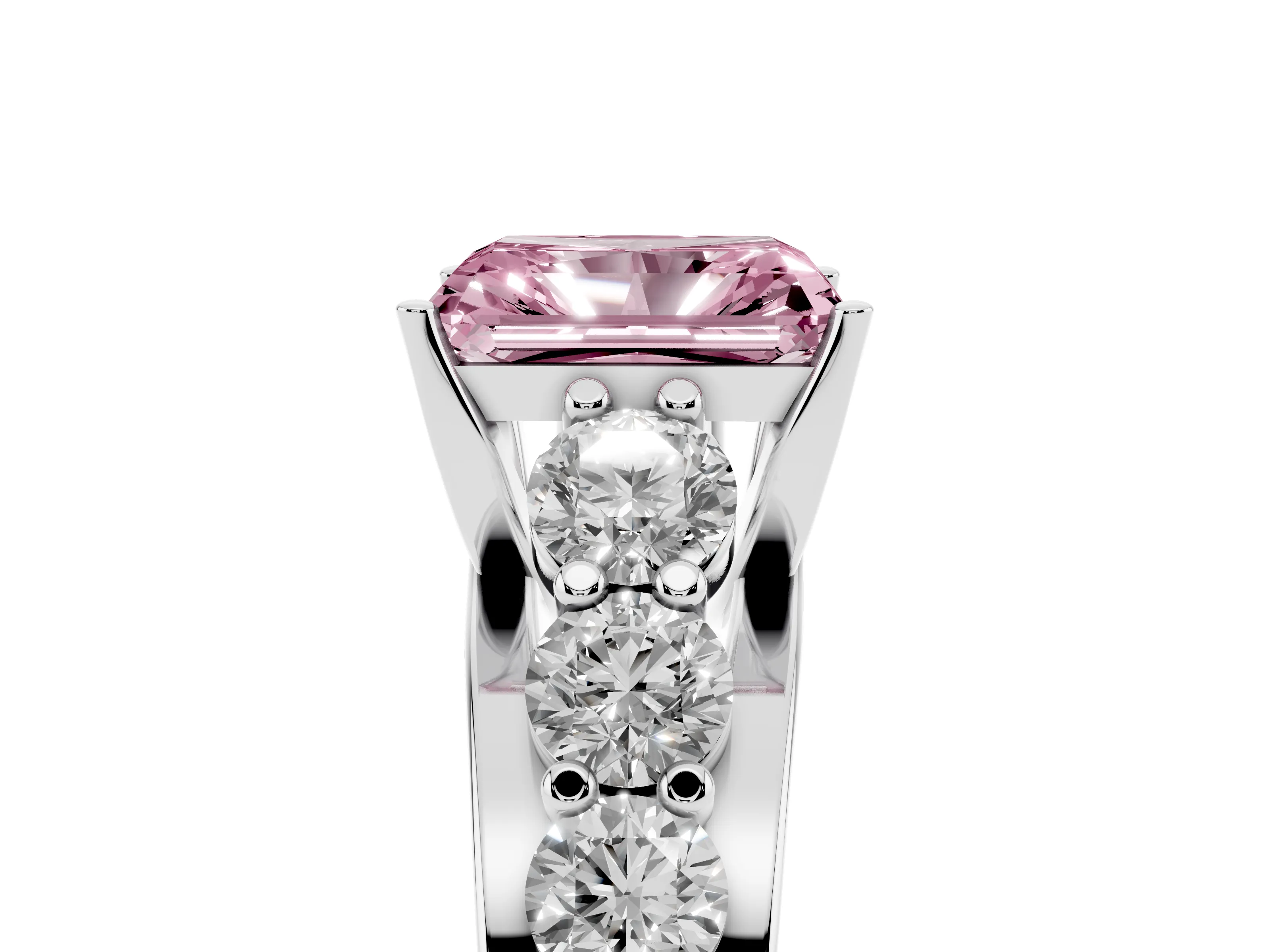Fancy Pink Radiant Cut Diamond Pavé Engagement Ring Set in White gold with Prong Setting