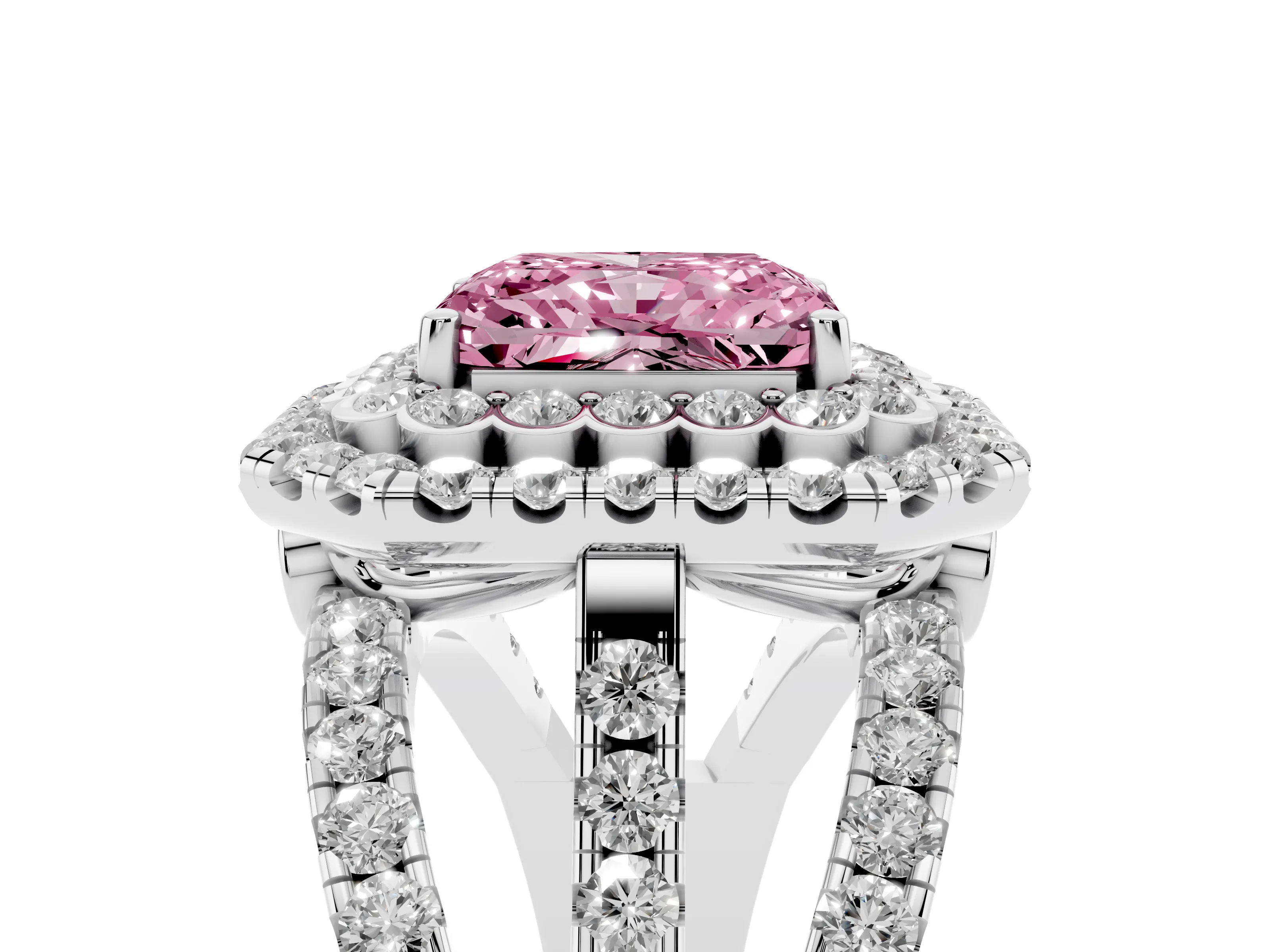 Fancy Pink Radiant Cut Diamond Double Halo Ring Set in White gold with Round Pavé Split Shank