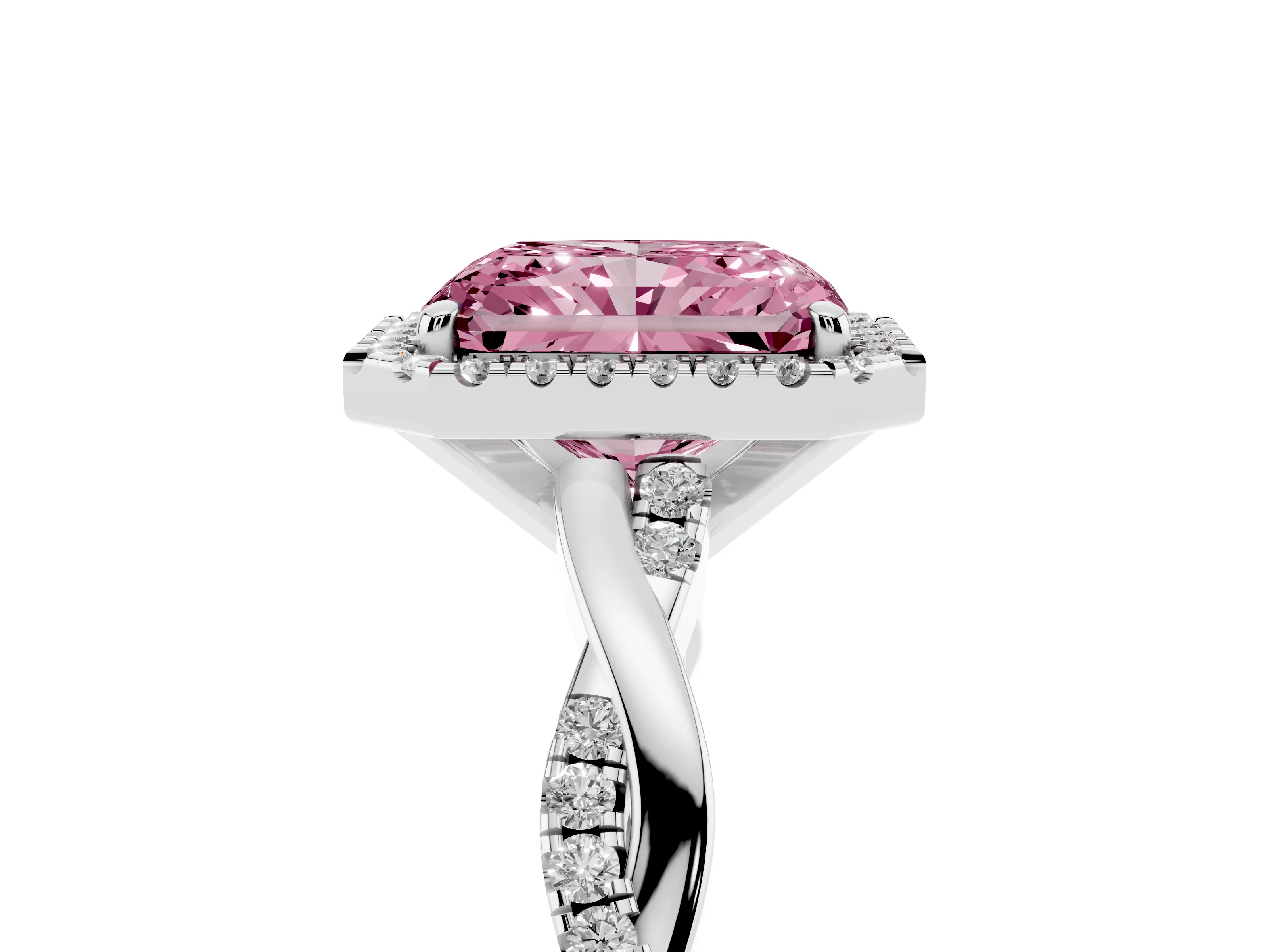 Fancy Pink Radiant Cut Diamond Halo Twisted Band Ring Set in Platinum with Prong Setting