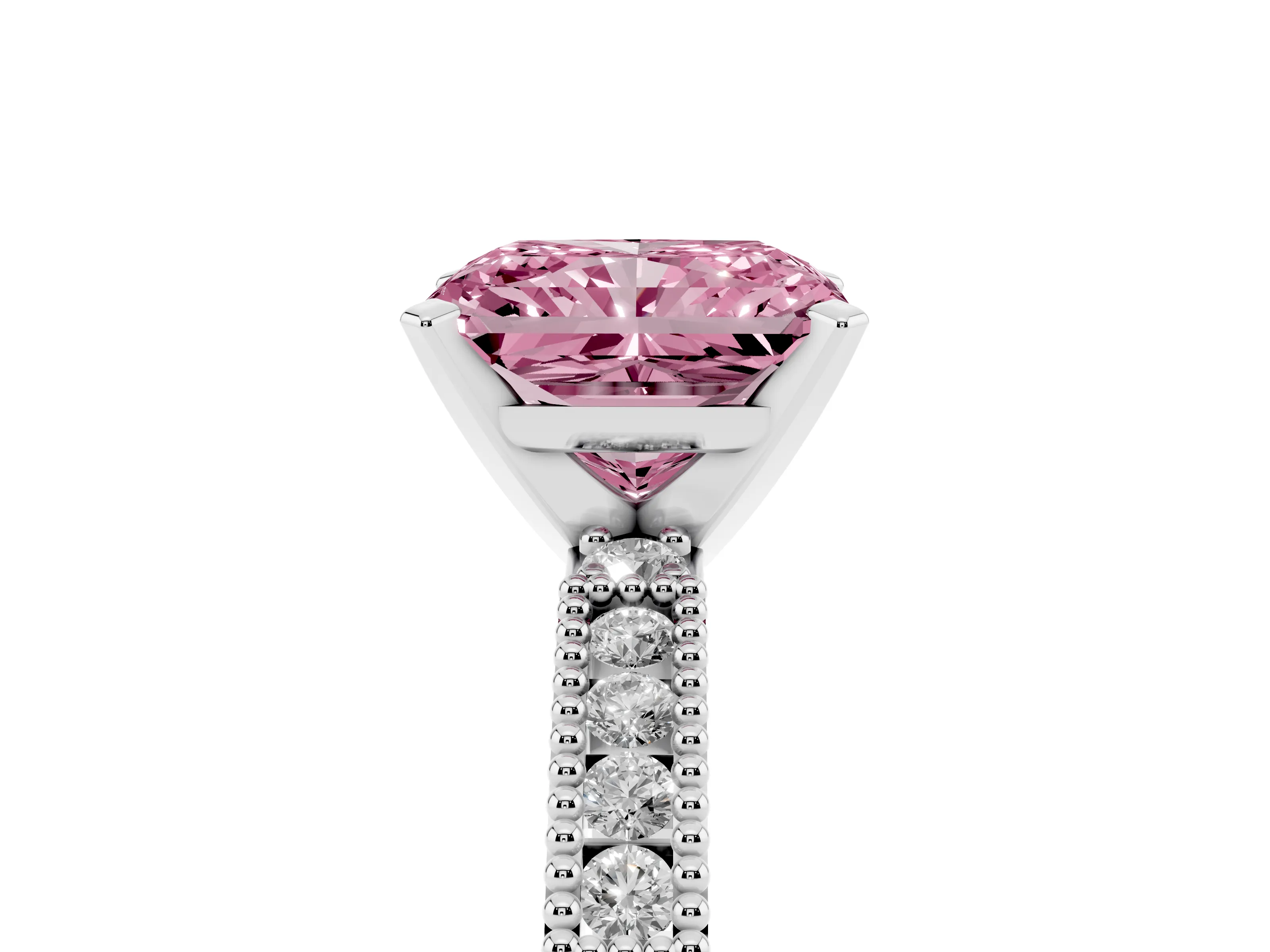 Fancy Pink Radiant Cut Diamond Solitaire Ring Set in Silver with Slim Pavé Band and Prong Setting