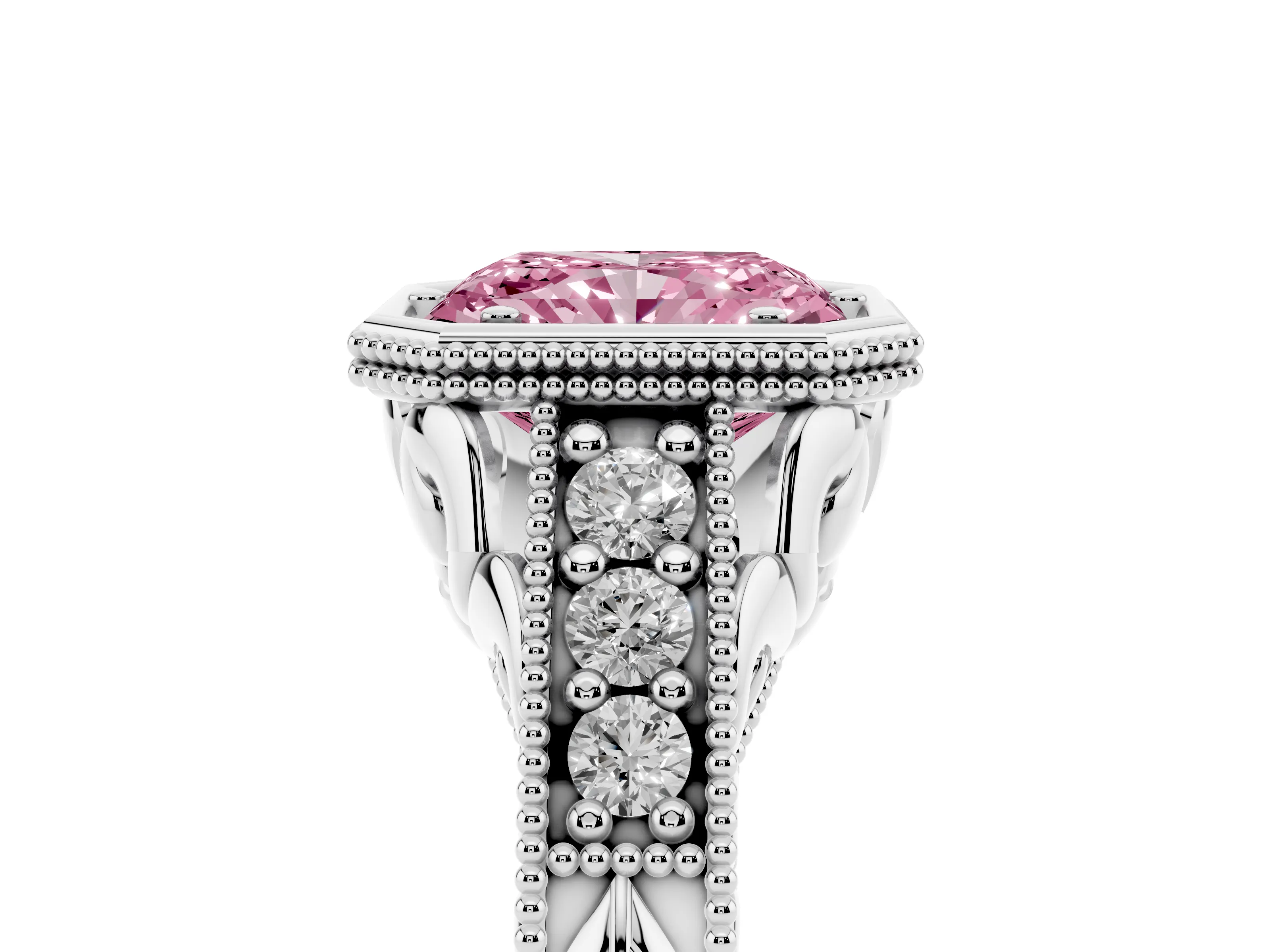 Fancy Pink Bezel Set Radiant Cut Diamond Milgrain Pavé Engagement Ring Set in Silver