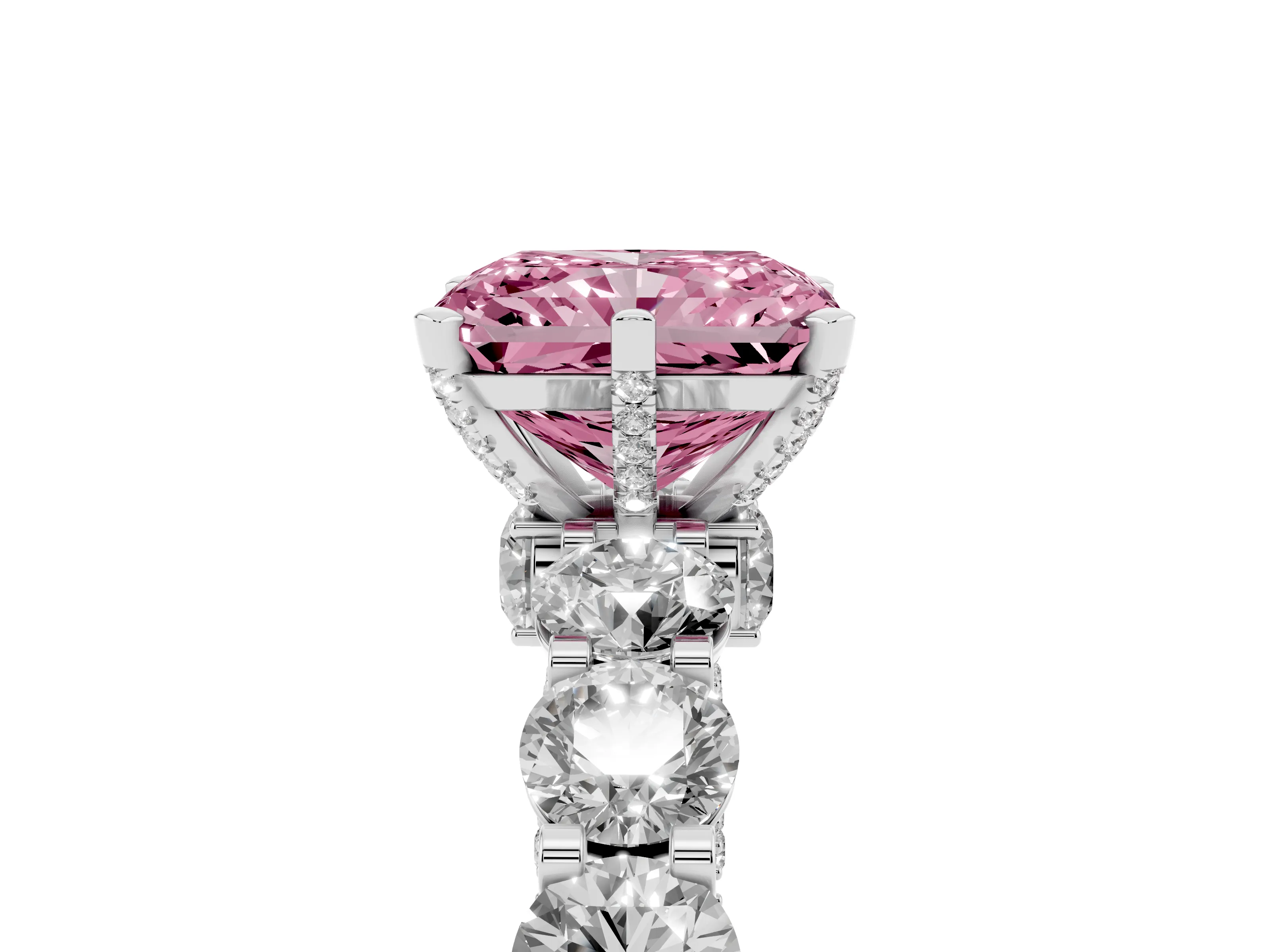 Fancy Pink Radiant Cut Diamond Side Stone Ring Set in Platinum with Alternating Round and Oval Side Stones