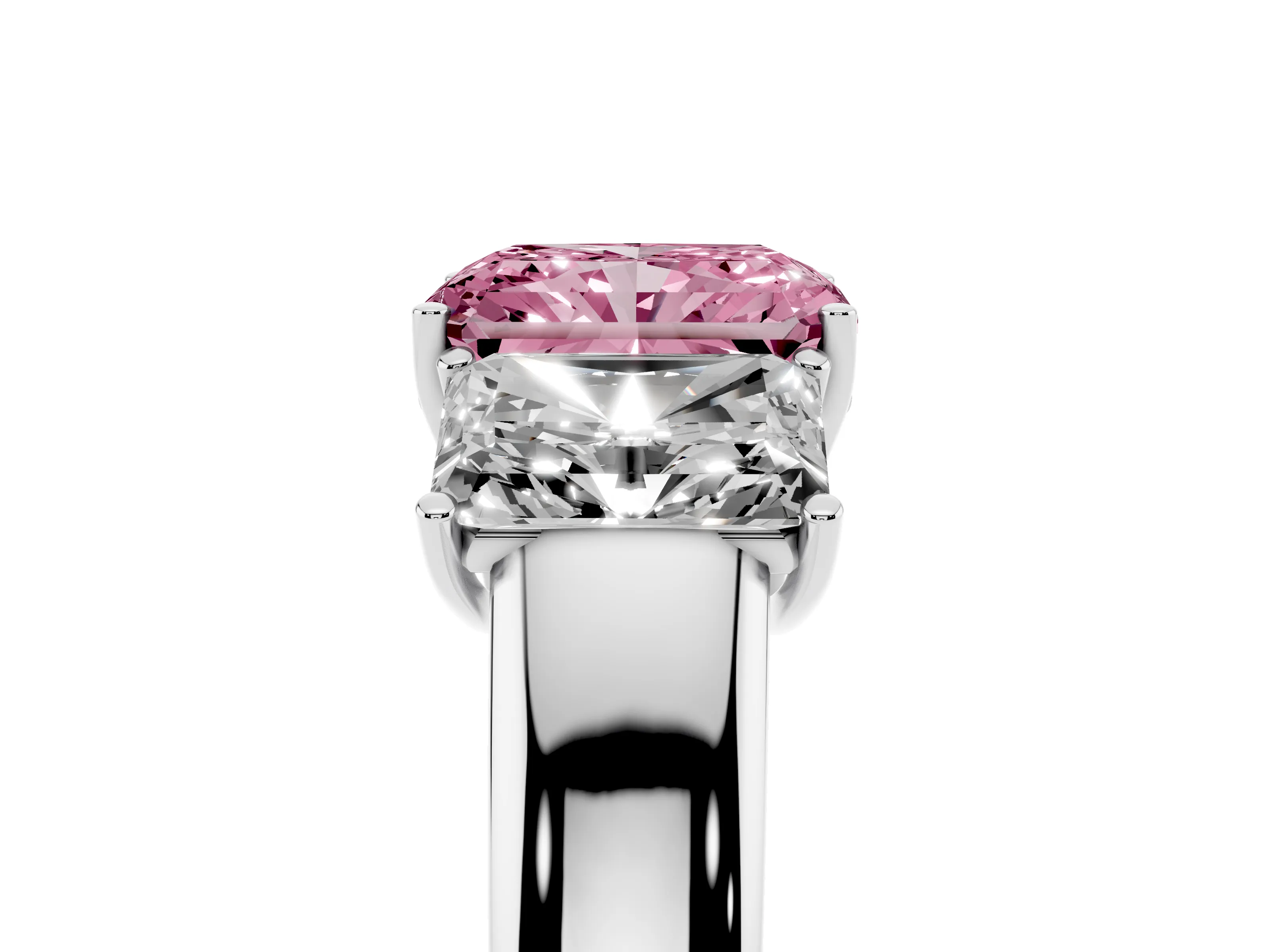 Fancy Pink Three-Stone Radiant Cut Diamond Ring Set in White gold with Matching Prong Settings and Plain Band