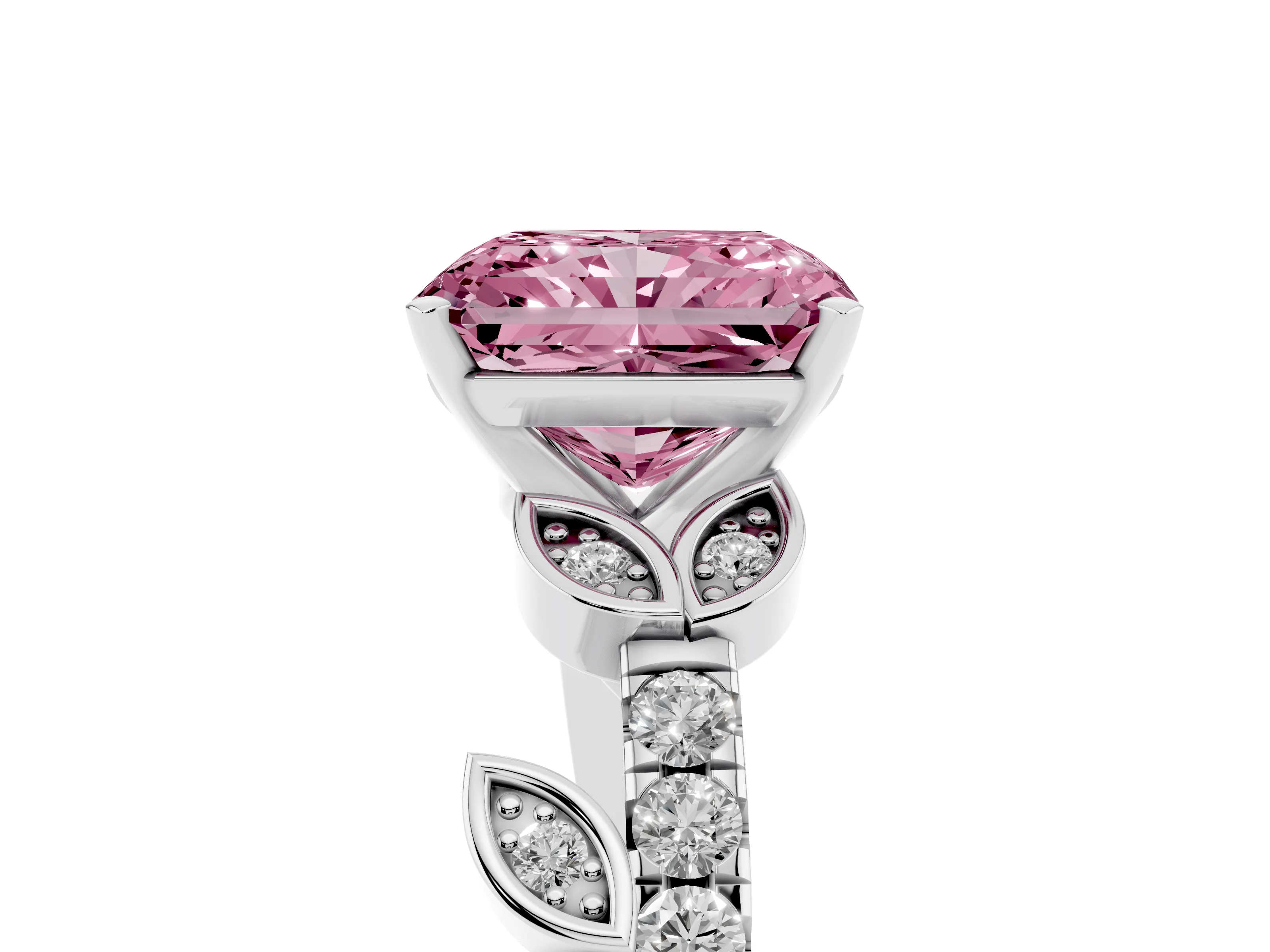 Fancy Pink Radiant Cut Diamond Solitaire Leaf-Inspired Ring Set in Platinum with Pavé Band and Prong Setting