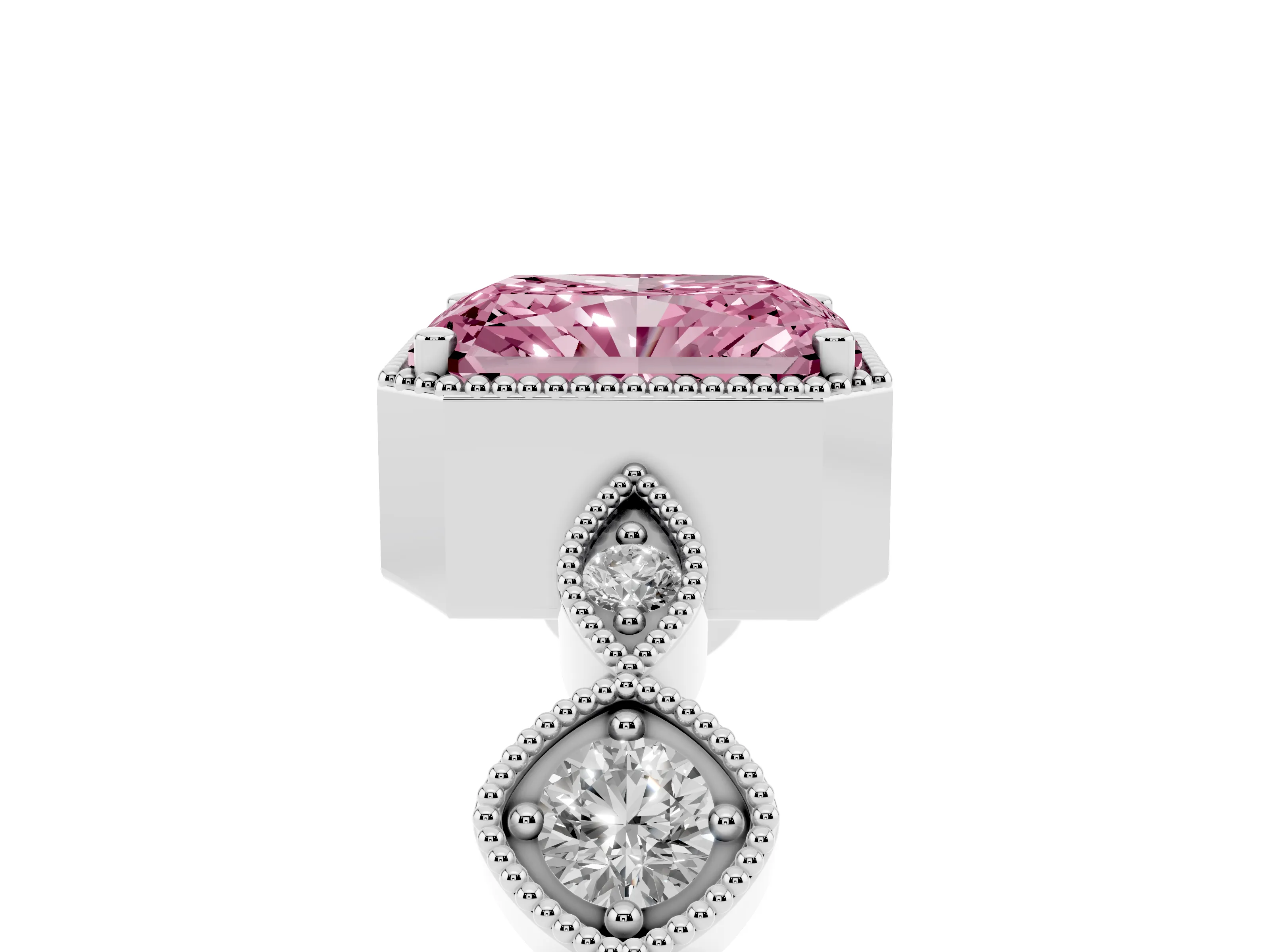 Fancy Pink Radiant Cut Diamond Vintage-Inspired Milgrain Ring Set in Platinum with Marquise Stations of Round Accents