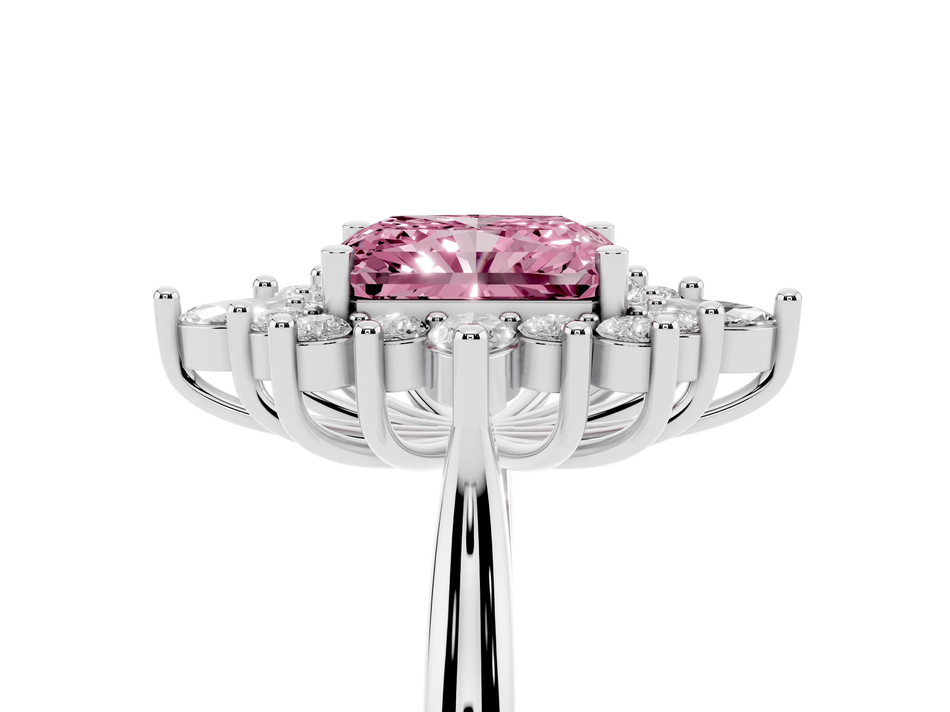 Fancy Pink Radiant Cut Diamond Cluster Halo Ring Set in Platinum with Marquise and Round Accents