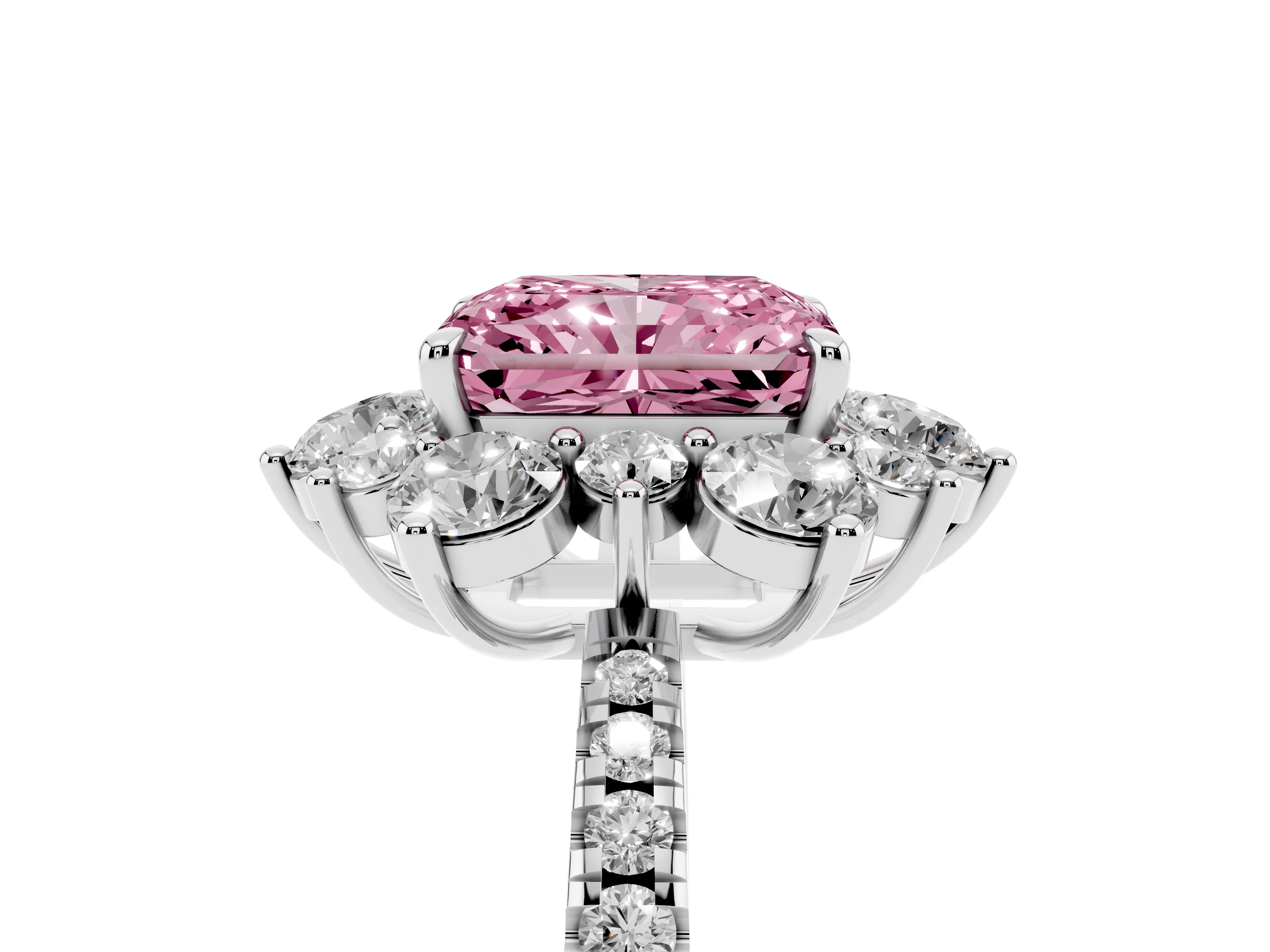 Fancy Pink Radiant Cut Diamond Floral Halo Ring Set in Silver with Round Pavé Band and Prong Setting