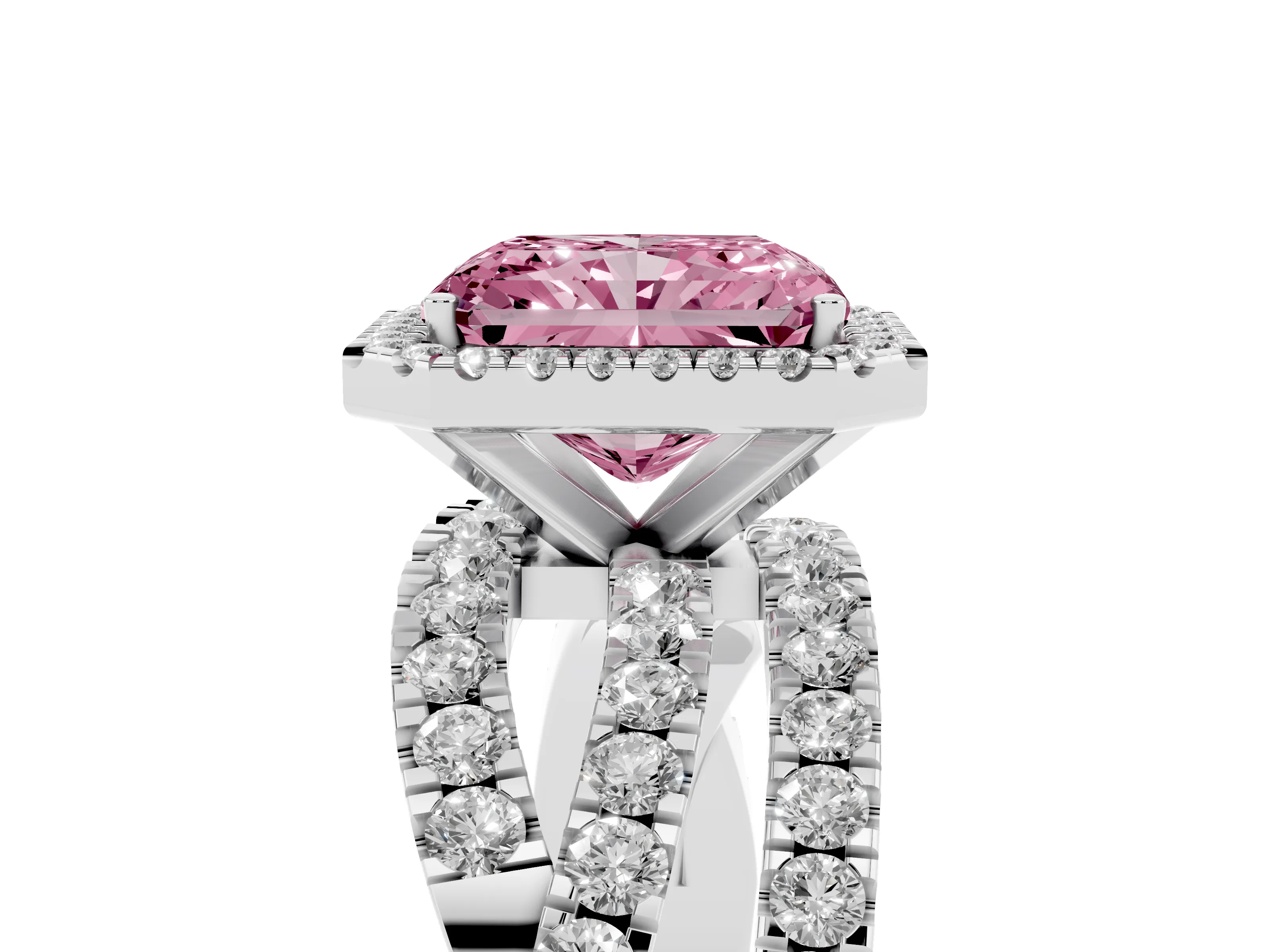 Fancy Pink Radiant Cut Diamond Halo Ring Set in Platinum with Round Crossover Split Shank and Prong Setting