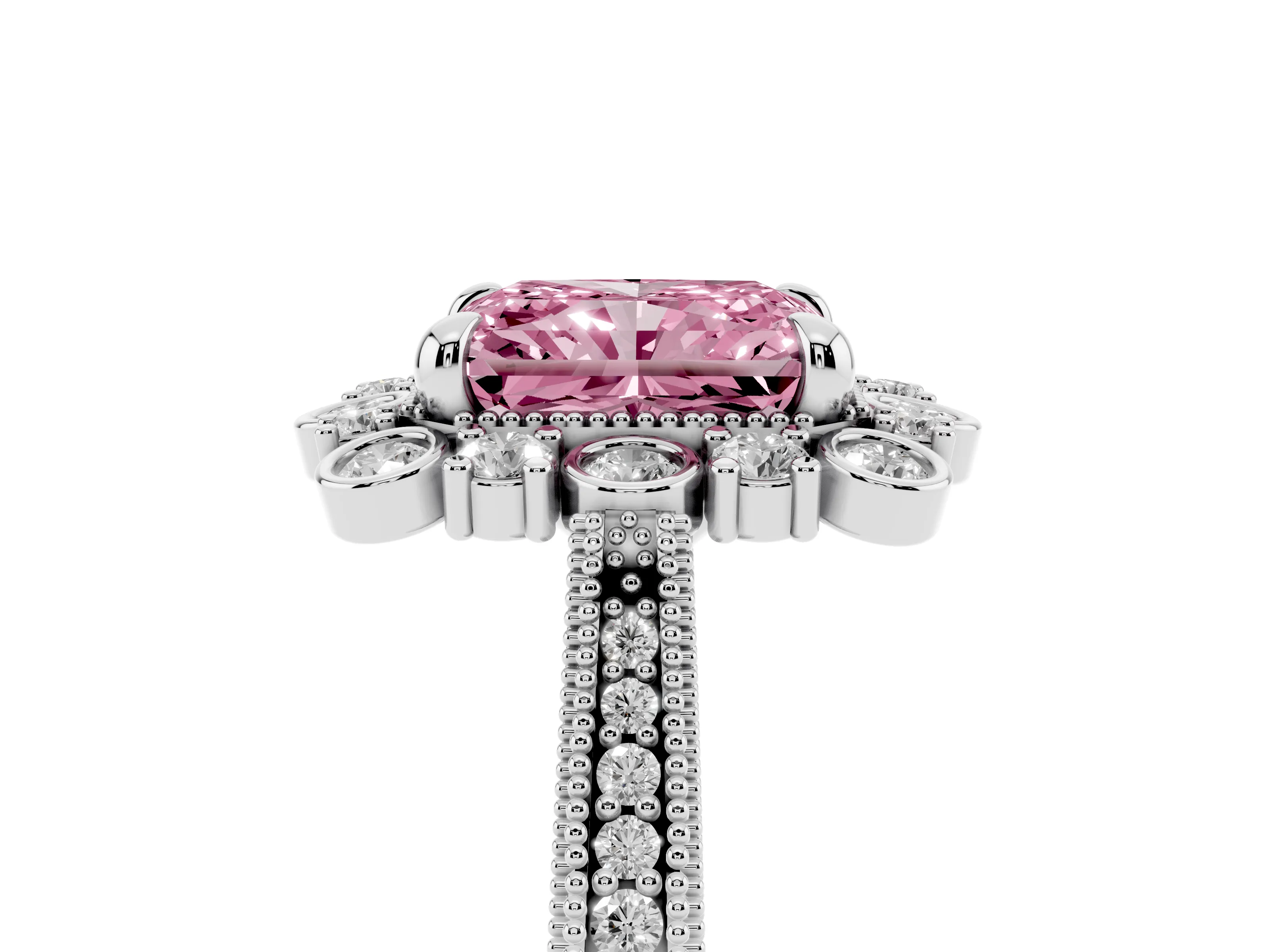 Fancy Pink Radiant Cut Diamond Halo Milgrain Pavé Ring Set in Platinum with Prong Setting