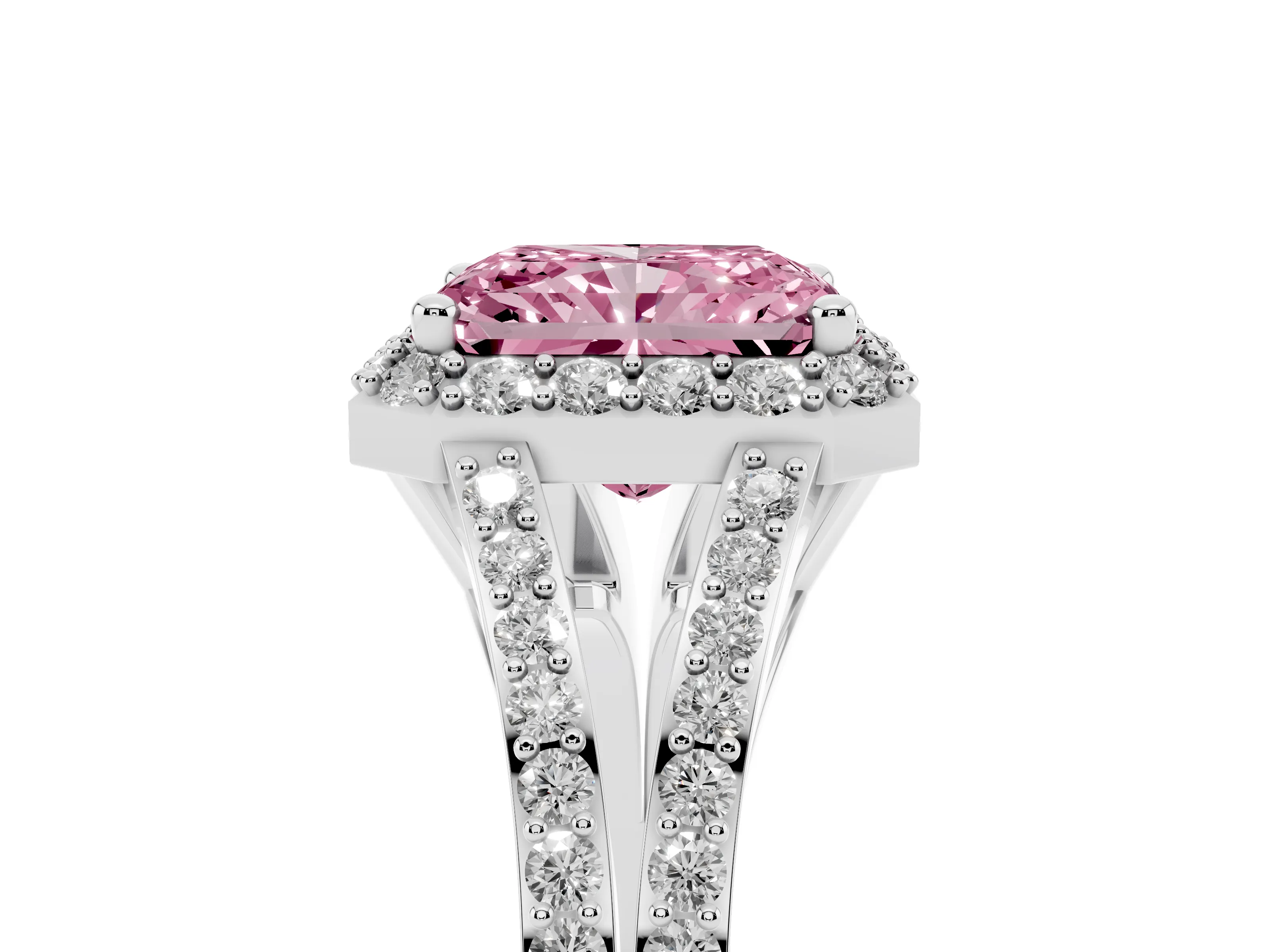 Fancy Pink Radiant Cut Diamond Halo Split Shank Pavé Ring Set in Silver with Prong Setting