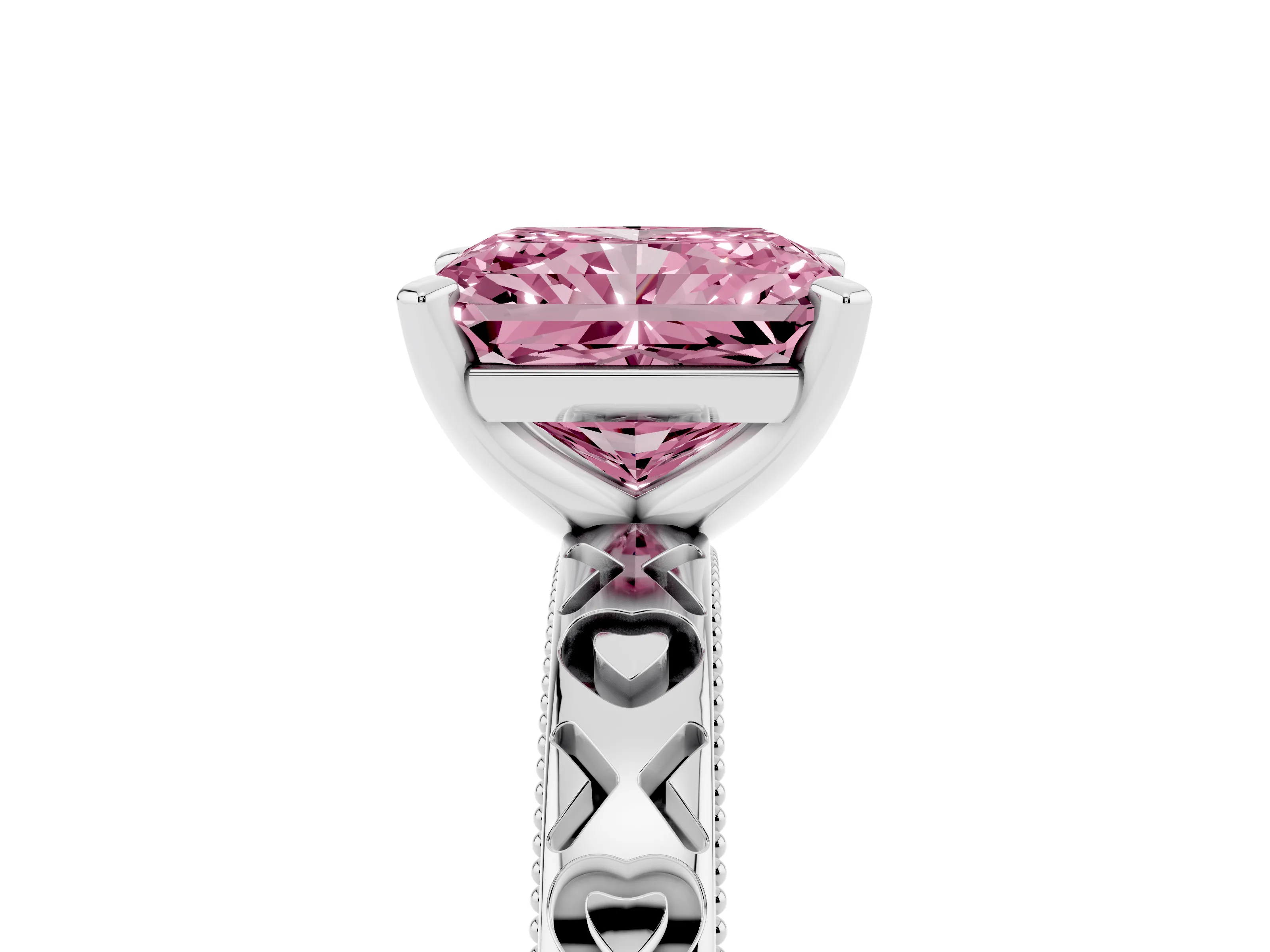 Fancy Pink Radiant Cut Diamond Solitaire Engagement Ring Set in White gold with XO Engraved Band and Prong Setting