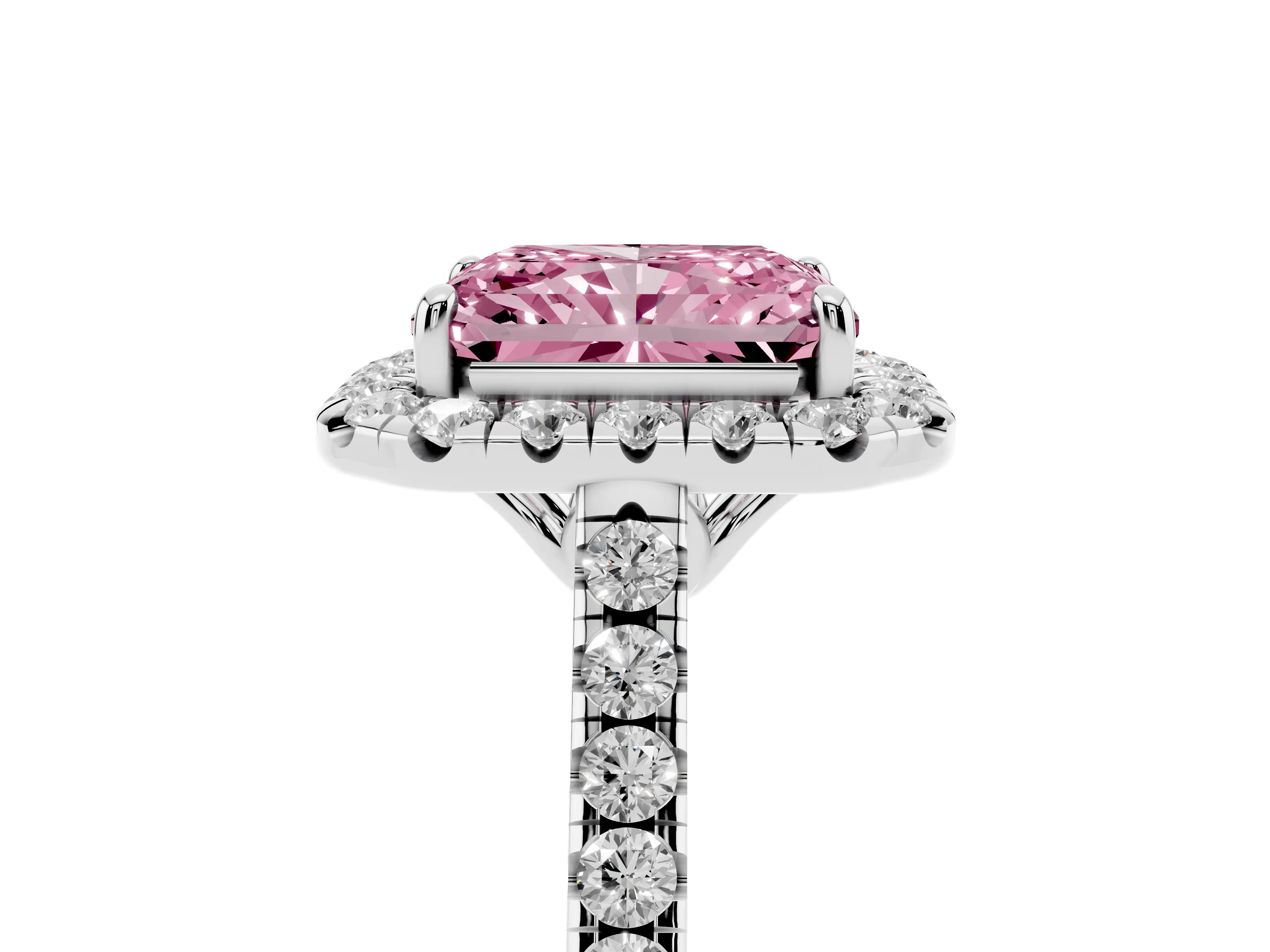 Fancy Pink Radiant Cut Diamond Pavé Halo Engagement Ring Set in White gold with Pavé Band and Prong Setting