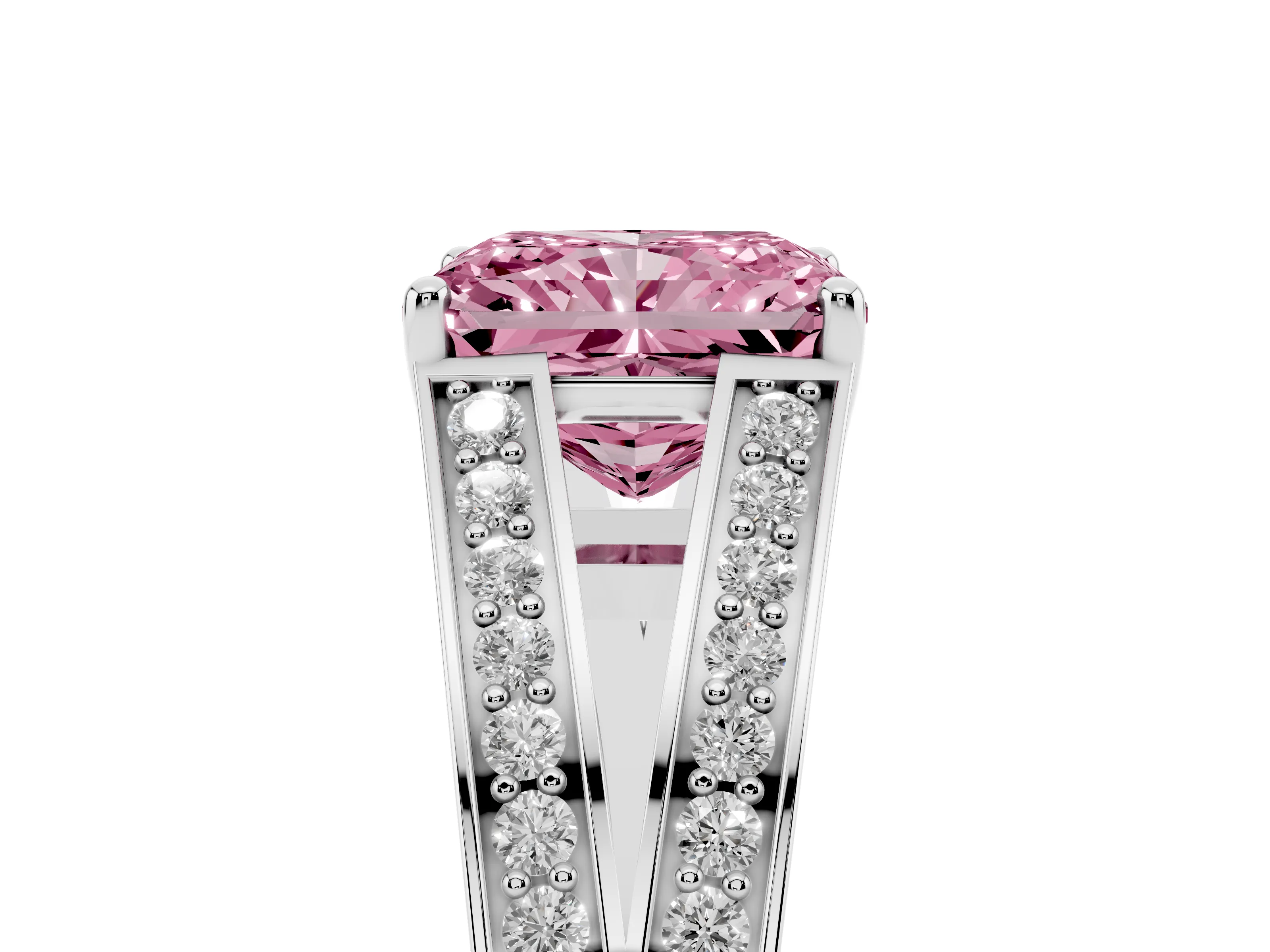 Fancy Pink Radiant Cut Diamond Split Shank Ring Set in Platinum with Pavé Band and Prong Setting