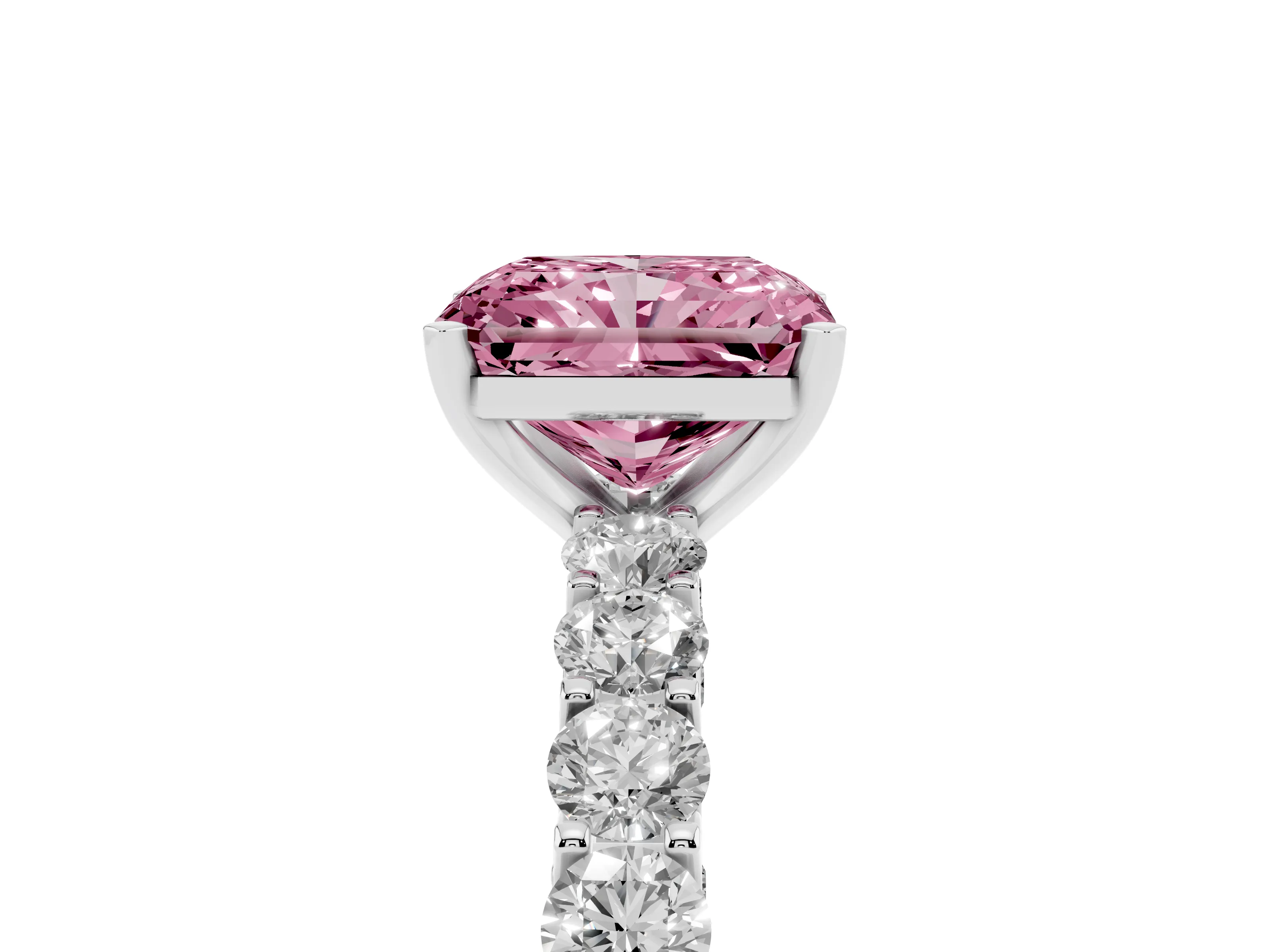 Fancy Pink Radiant Cut Diamond Solitaire Ring Set in Silver with Shared Prong Pavé Band
