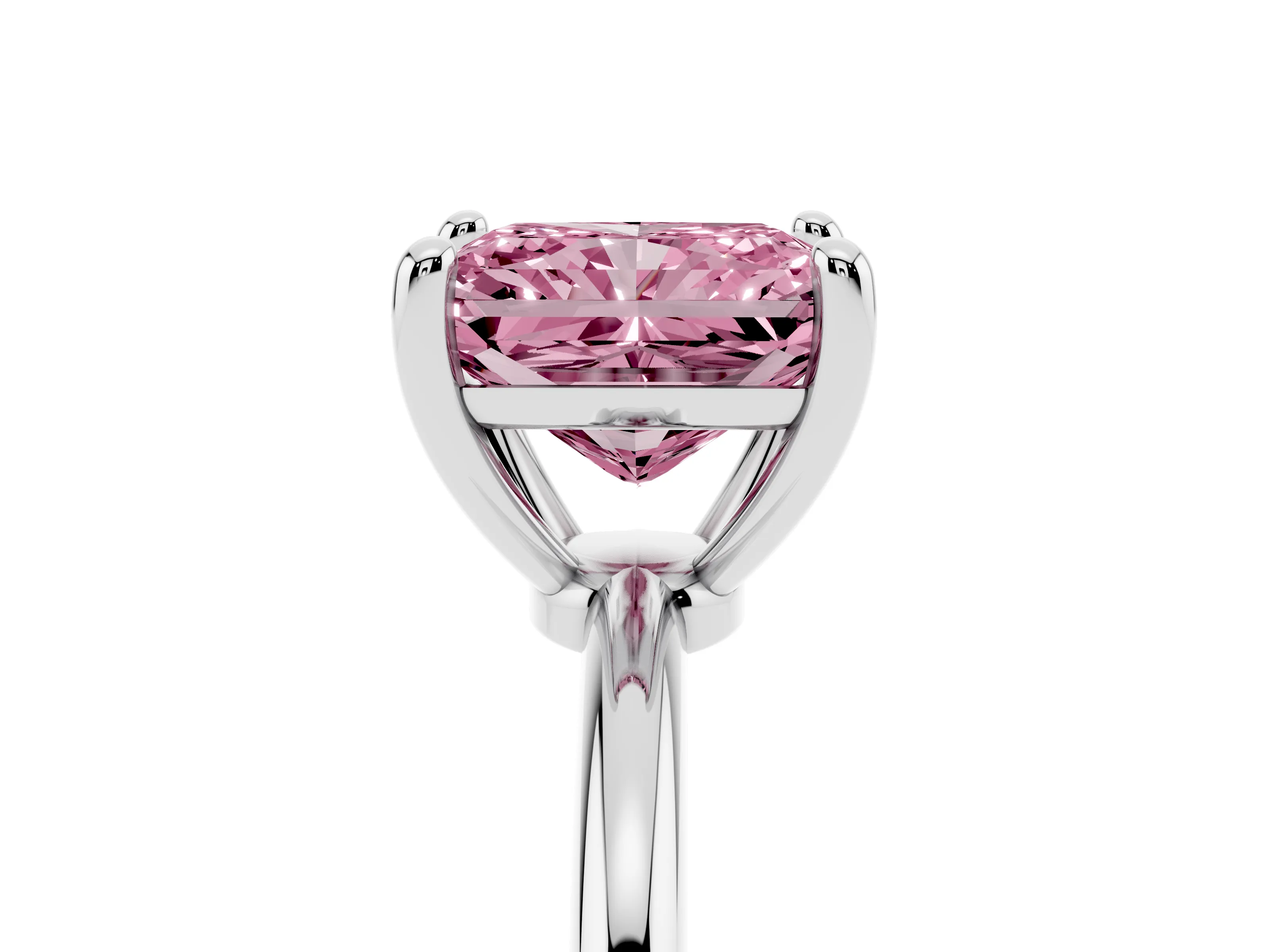 Fancy Pink Radiant Cut Diamond Solitaire Ring Set in White gold with Secure Prong Setting on a Classic Band