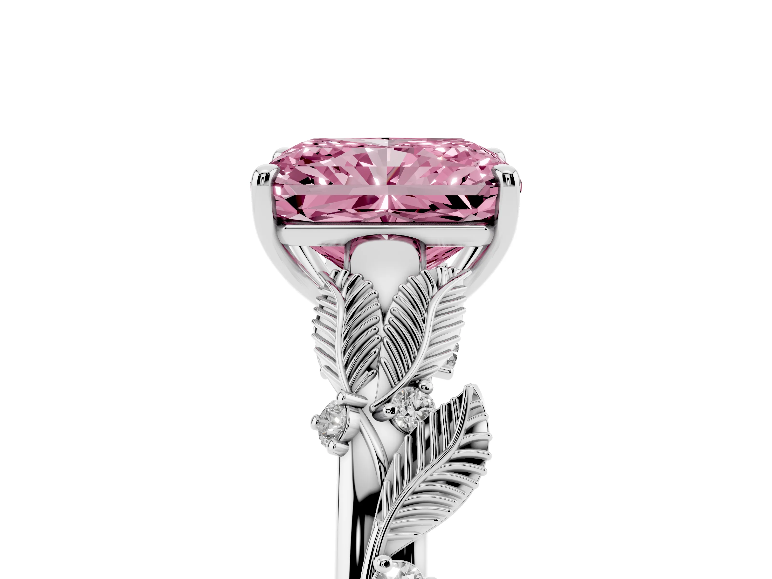 Fancy Pink Radiant Cut Diamond Solitaire Ring Set in White gold with Leaf Motif Band
