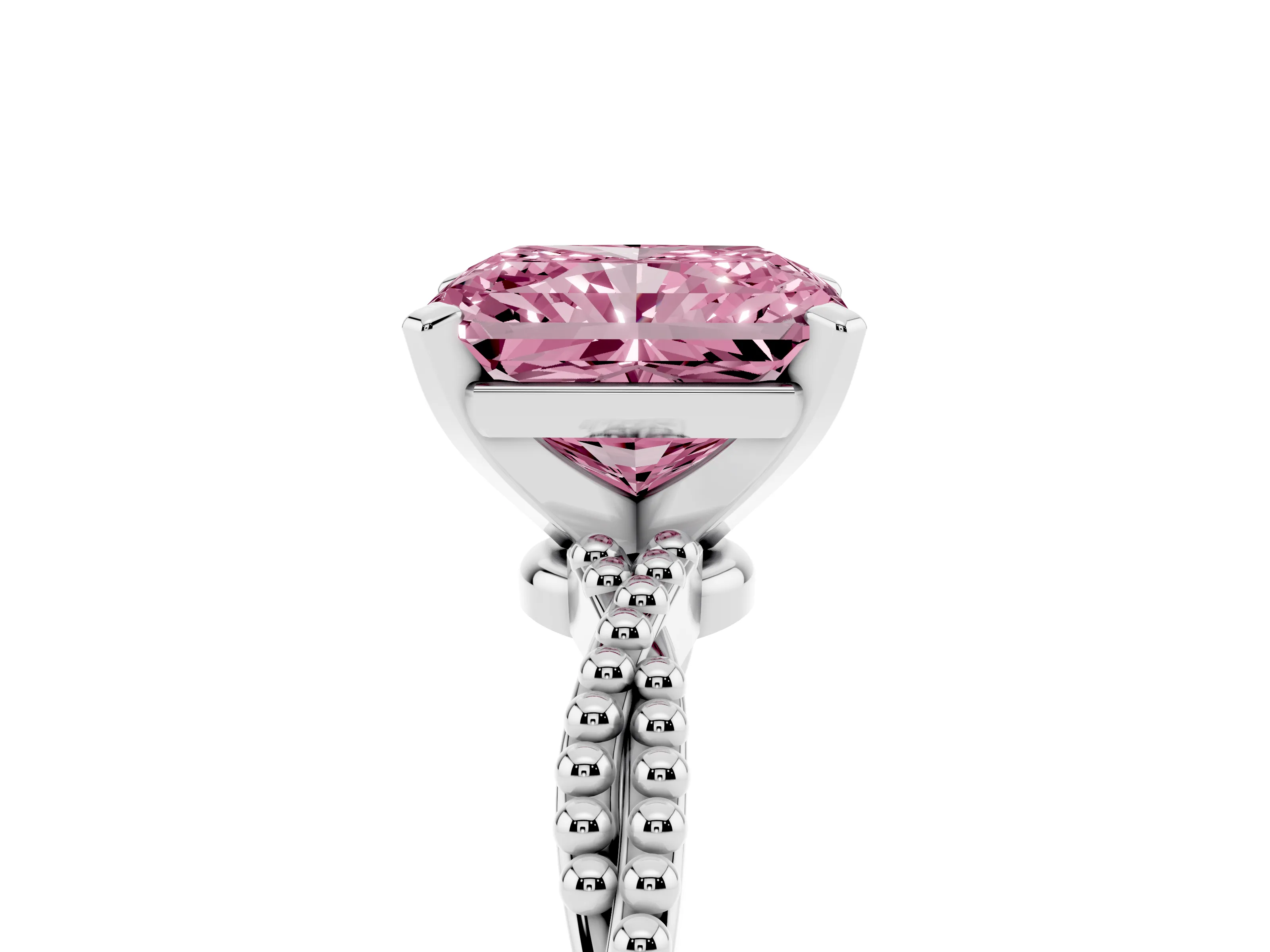 Fancy Pink Radiant Cut Diamond Solitaire Ring Set in Platinum with Twisted Band and Bead Prong Setting