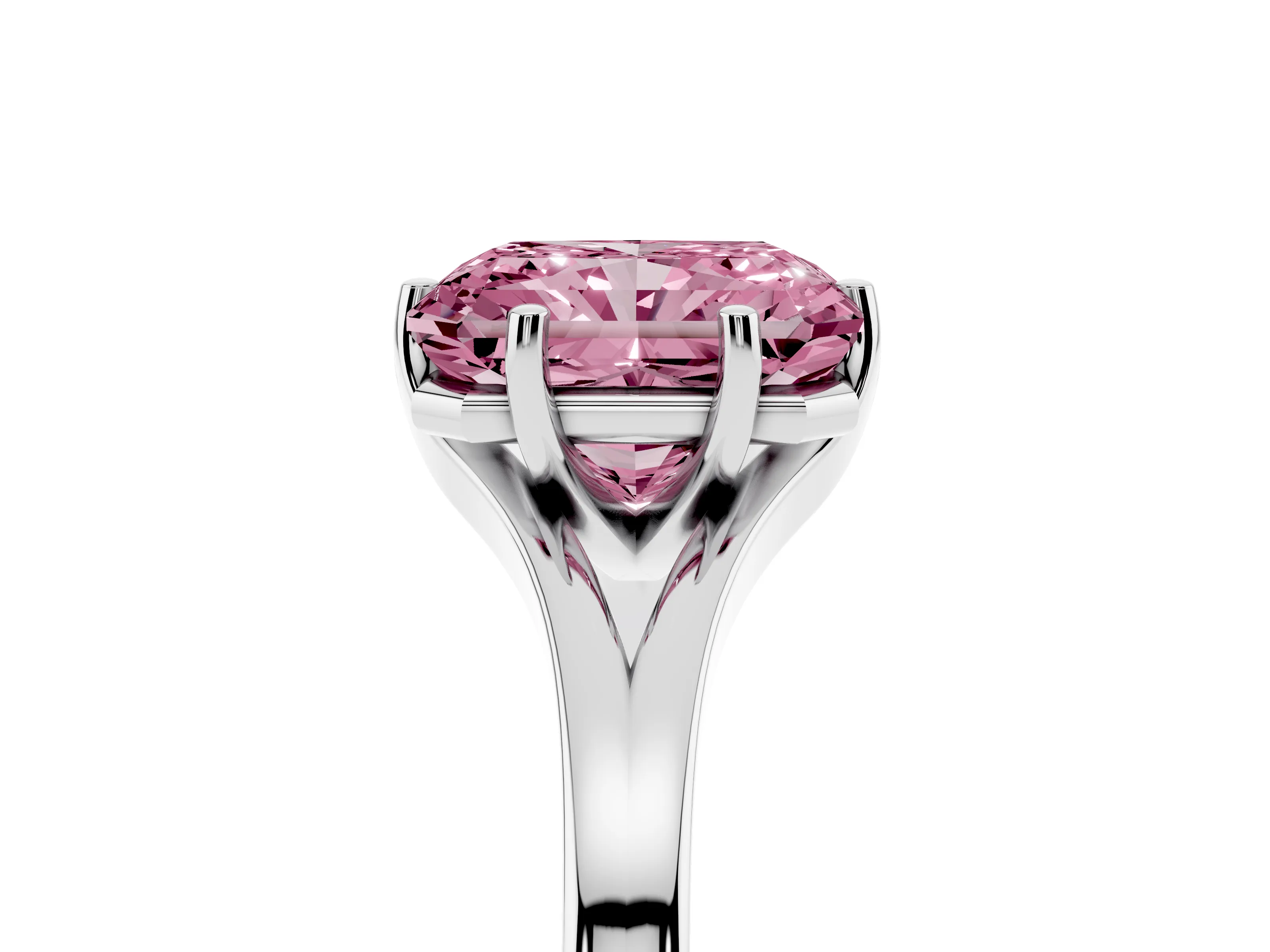 Fancy Pink Radiant Cut Diamond Solitaire Ring Set in Platinum with Polished Tapered Band and Prong Setting