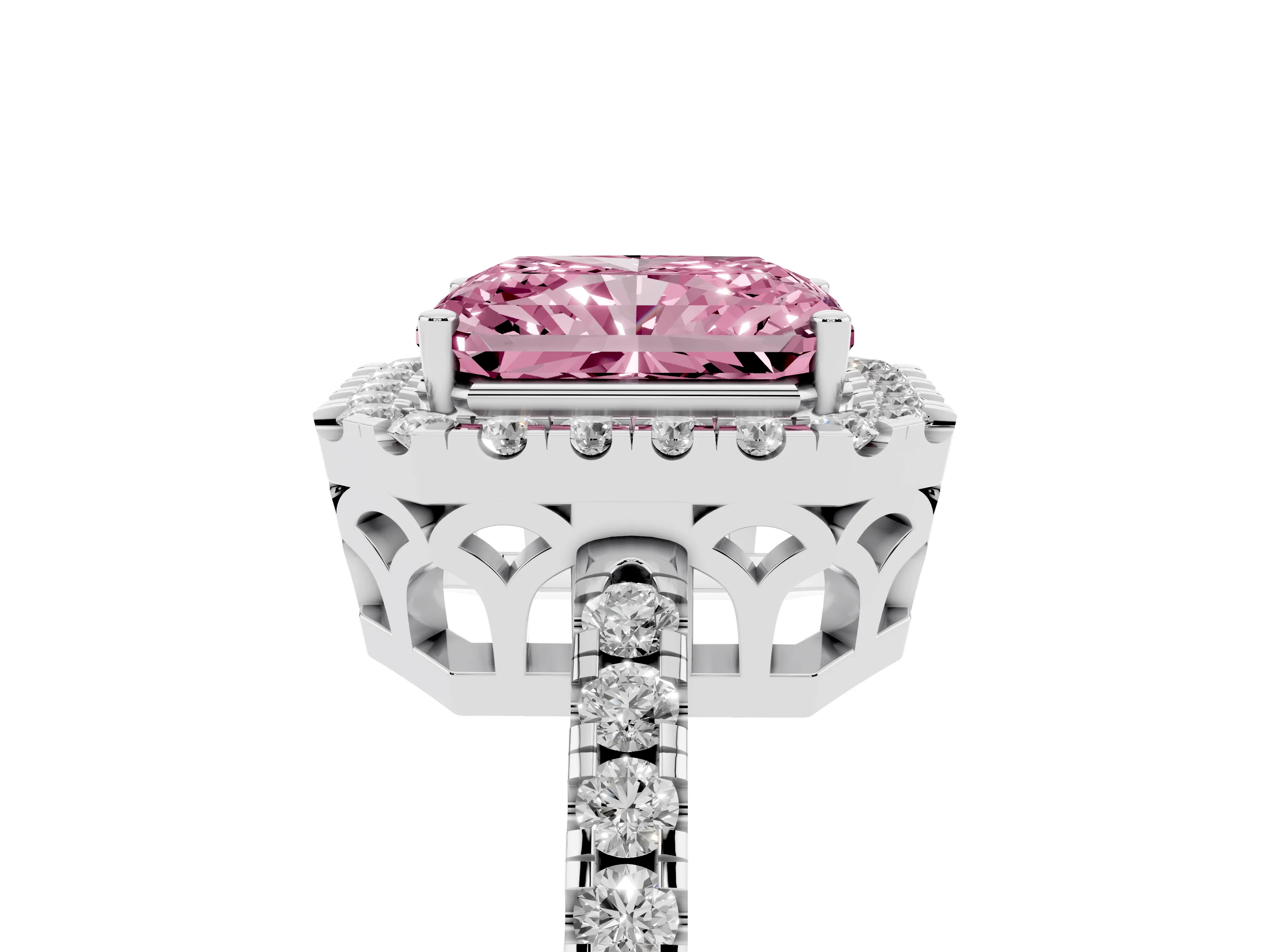 Fancy Pink Radiant Cut Diamond Pavé Band Halo Engagement Ring Set in Platinum with Prong Setting