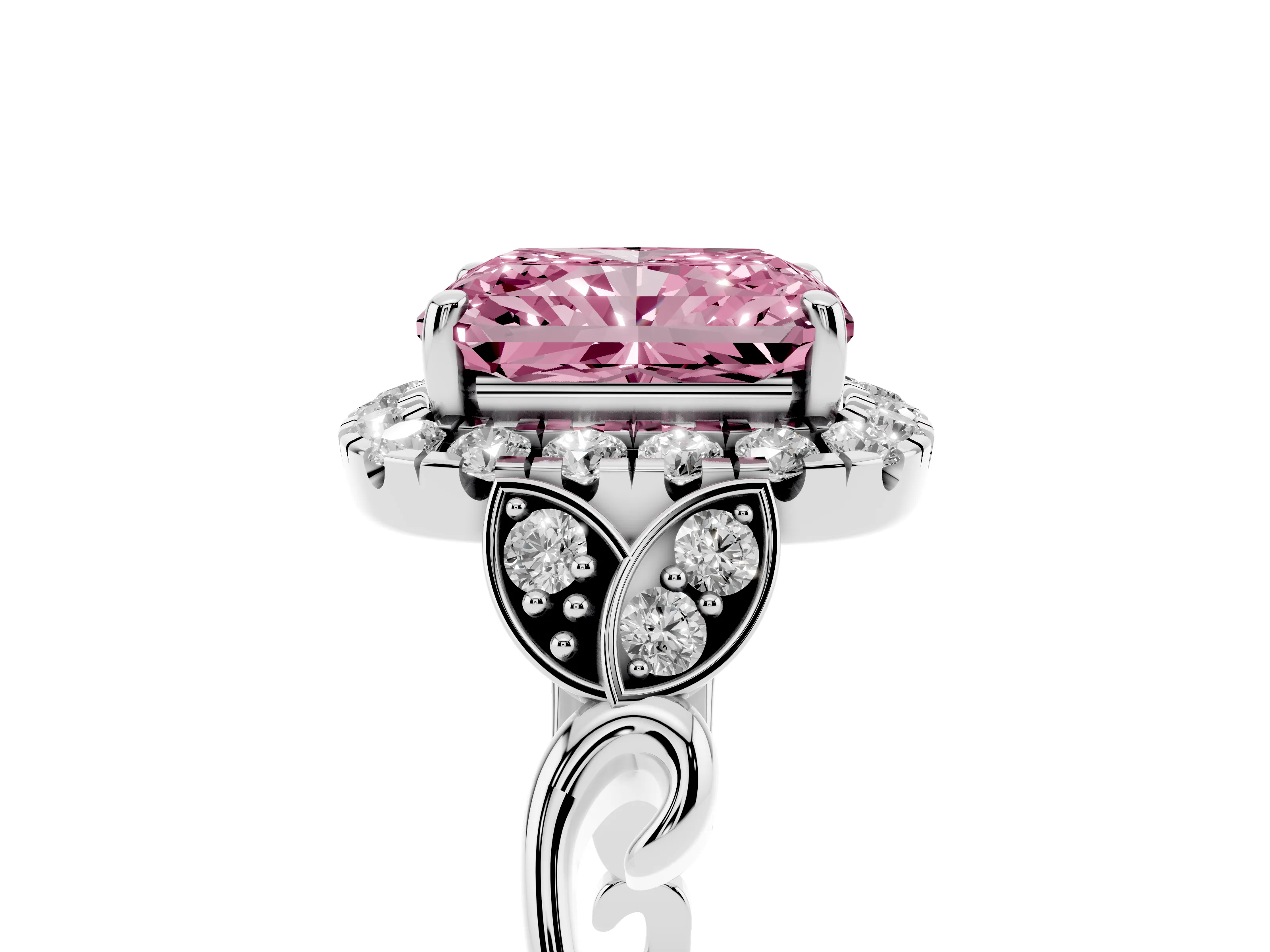 Fancy Pink Radiant Cut Diamond Halo Engagement Ring Set in White gold with Vintage-Inspired Band and Prong Setting