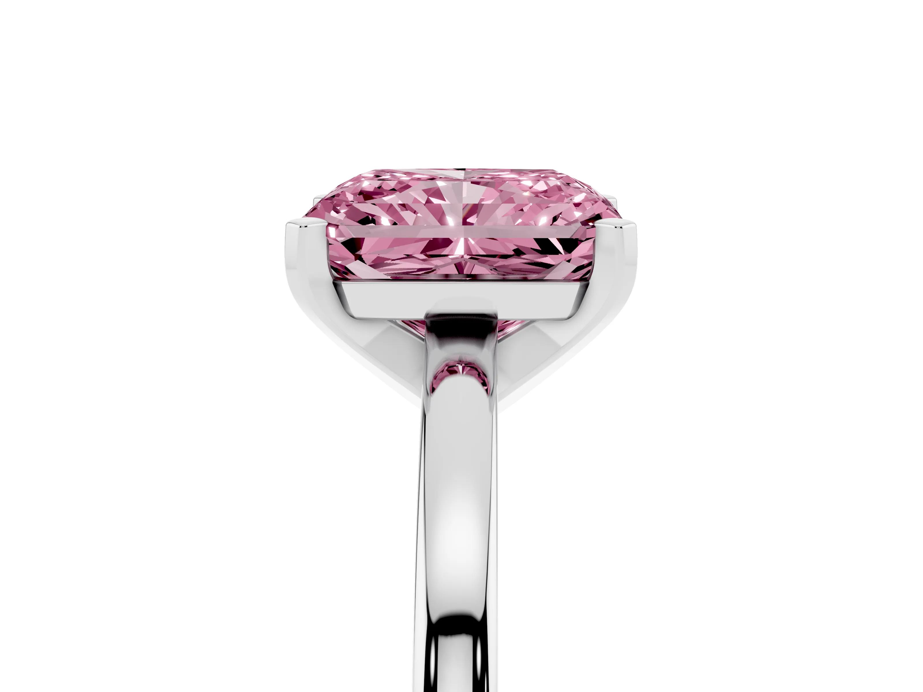 Fancy Pink Radiant Cut Diamond Solitaire Engagement Ring Set in Platinum with Prong Setting on a Classic Band