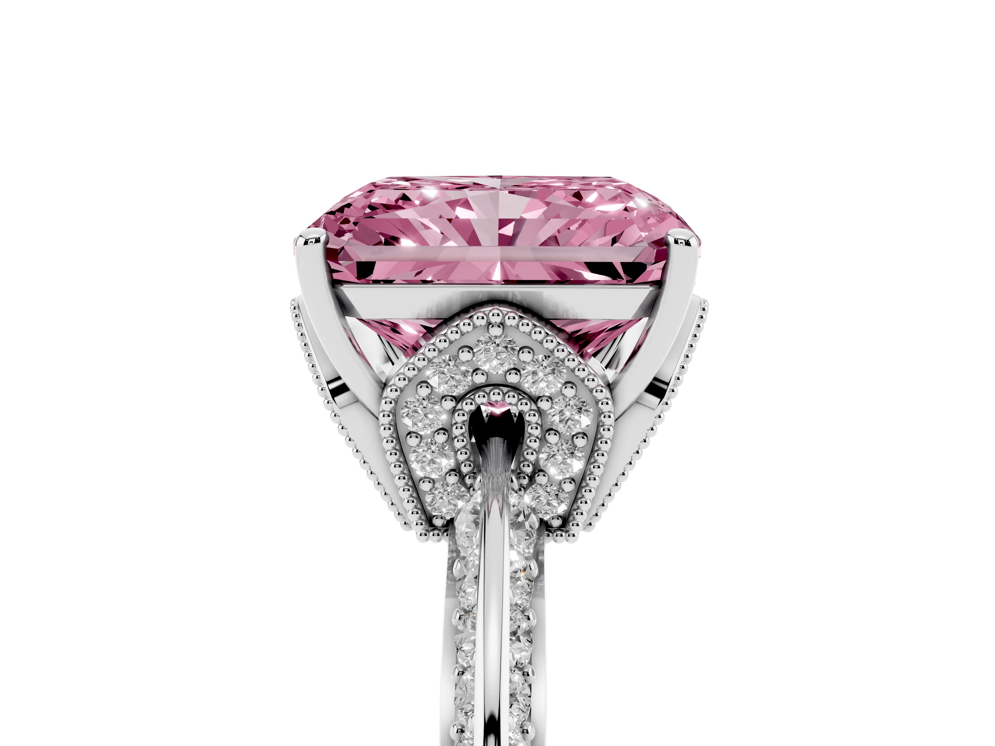 Fancy Pink Radiant Cut Diamond Solitaire Engagement Ring Set in Silver with Pavé Split Shank and Prong Setting