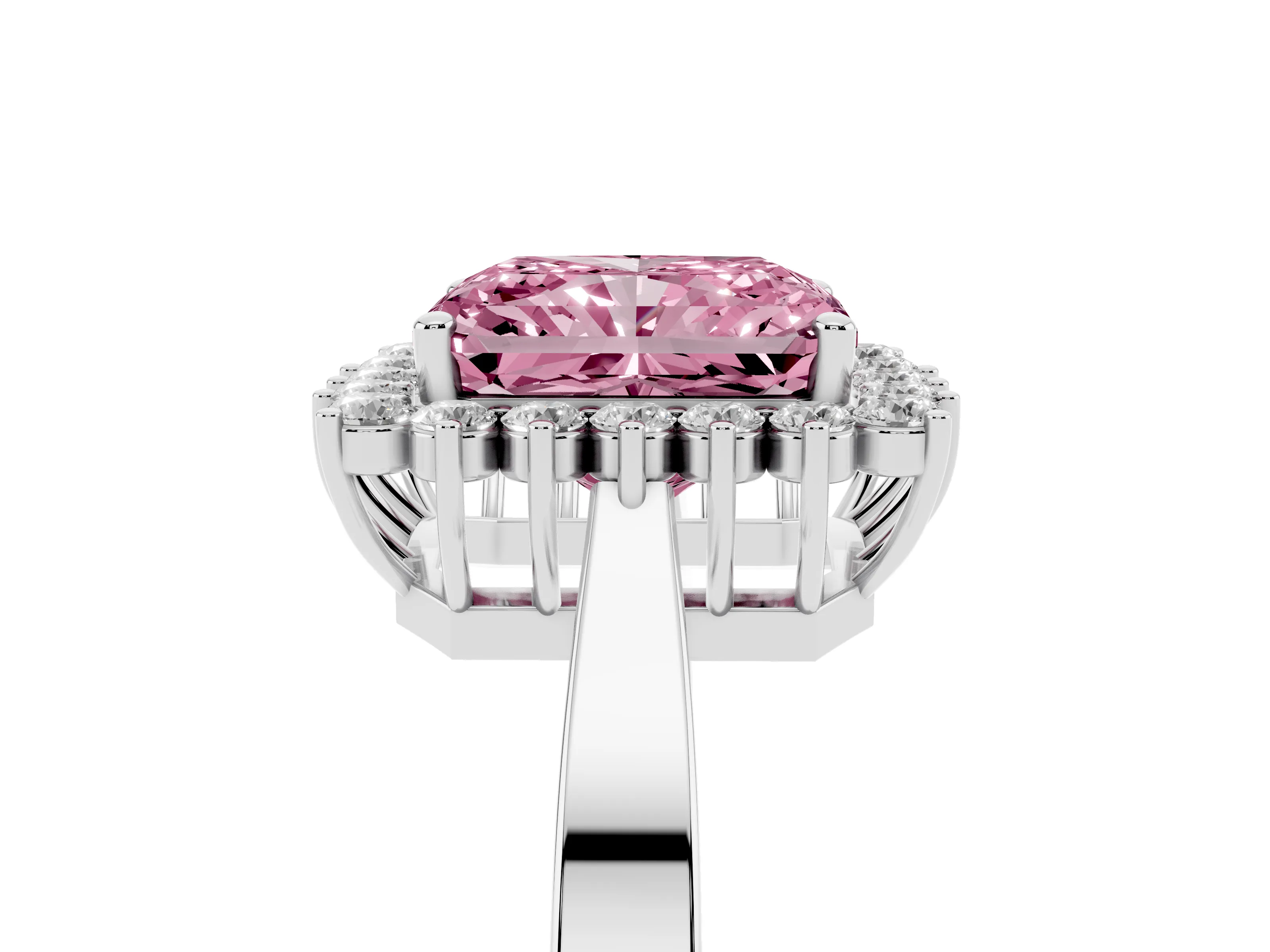 Fancy Pink Radiant Cut Diamond Halo Ring Set in White gold with Round Halo and Smooth Solitaire Band