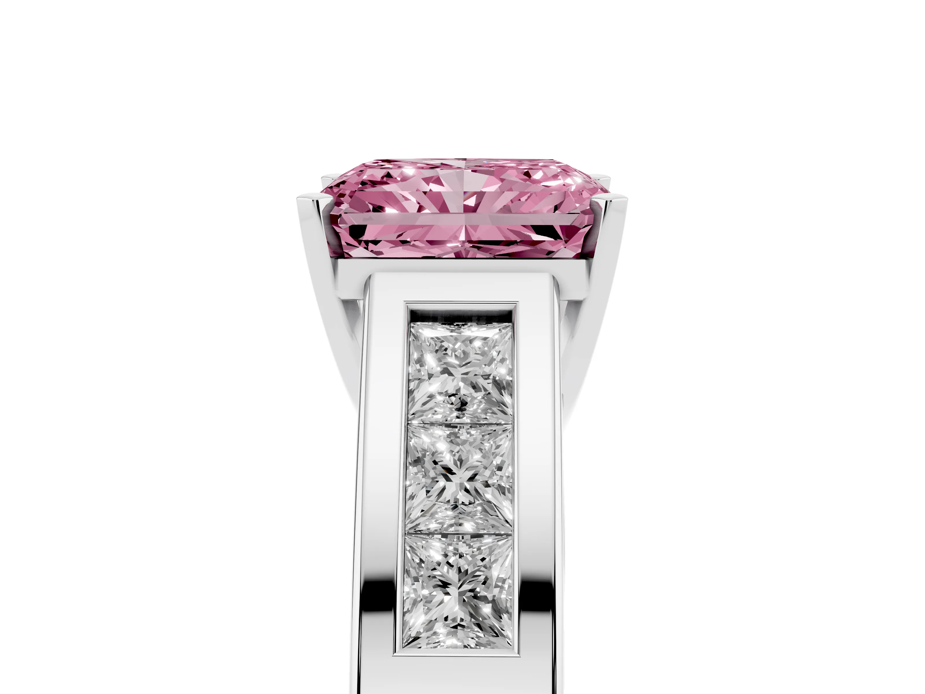 Fancy Pink Radiant Cut Diamond Solitaire Ring Set in Silver with Channel-Set Accent Stones and Prong Setting