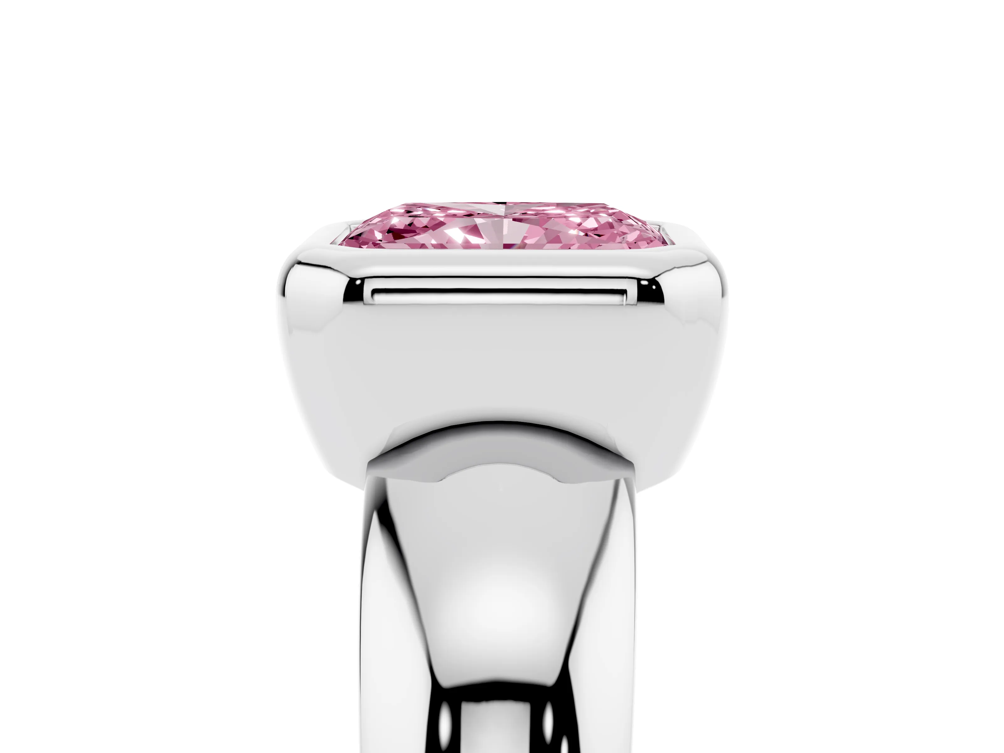 Fancy Pink Bezel Set Radiant Cut Diamond Solitaire Ring Set in Silver with Wide Band