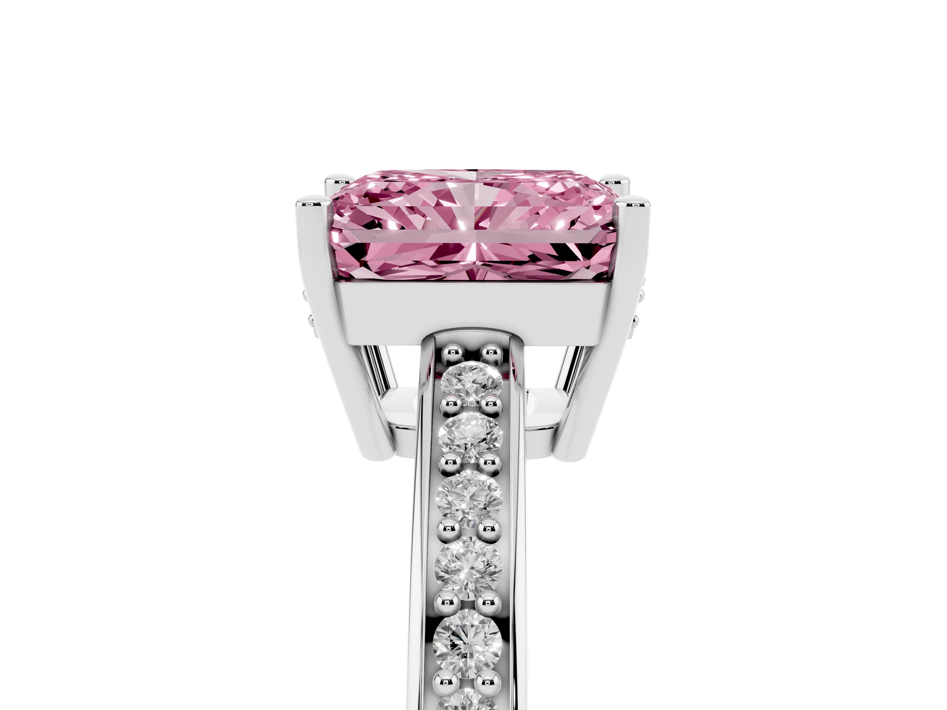 Fancy Pink Radiant Cut Diamond Pavé Band Prong Set Solitaire Ring Set in Silver