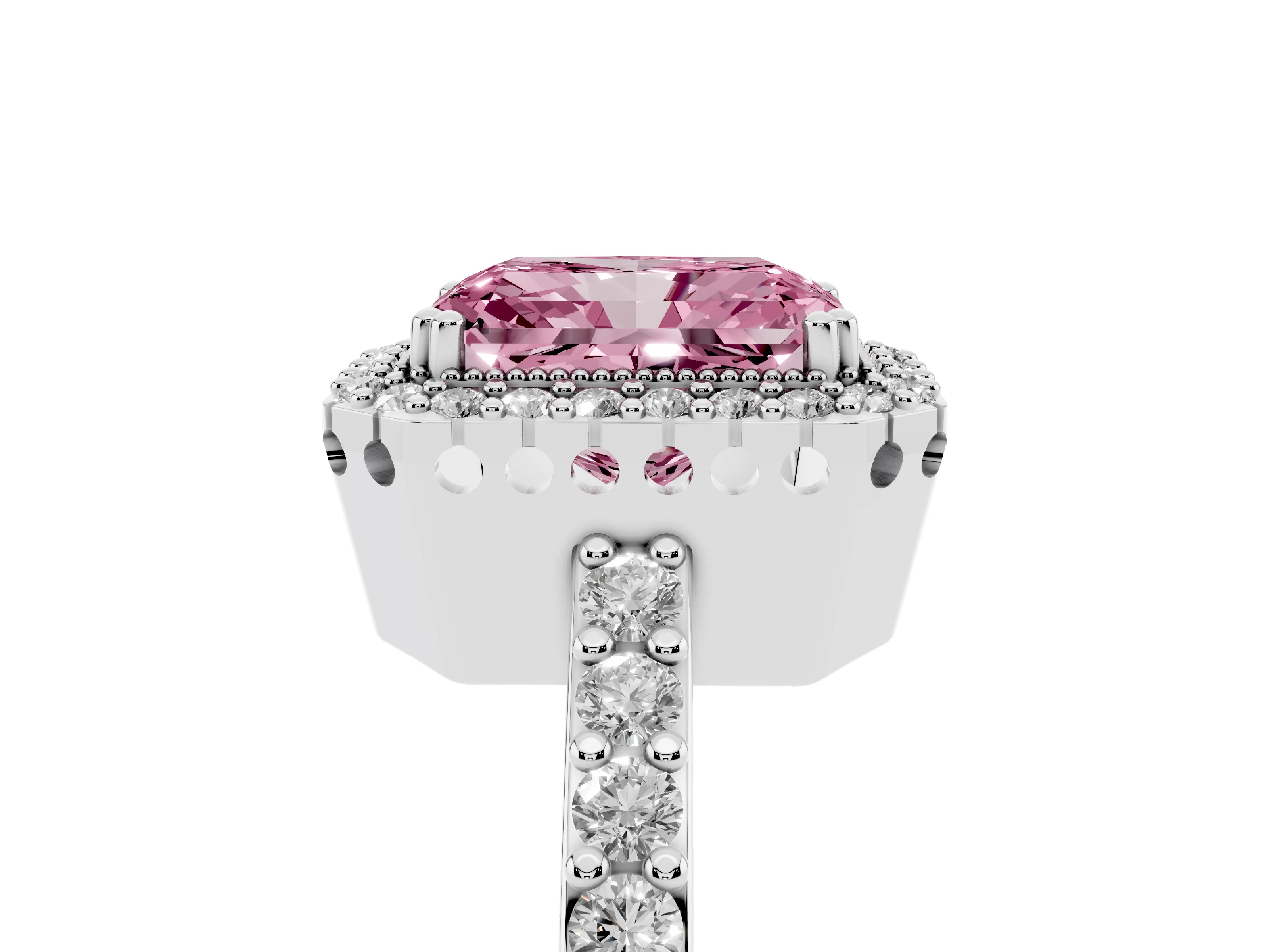 Fancy Pink Radiant Cut Diamond Halo Engagement Ring Set in White gold with Milgrain Detail and Pavé Band