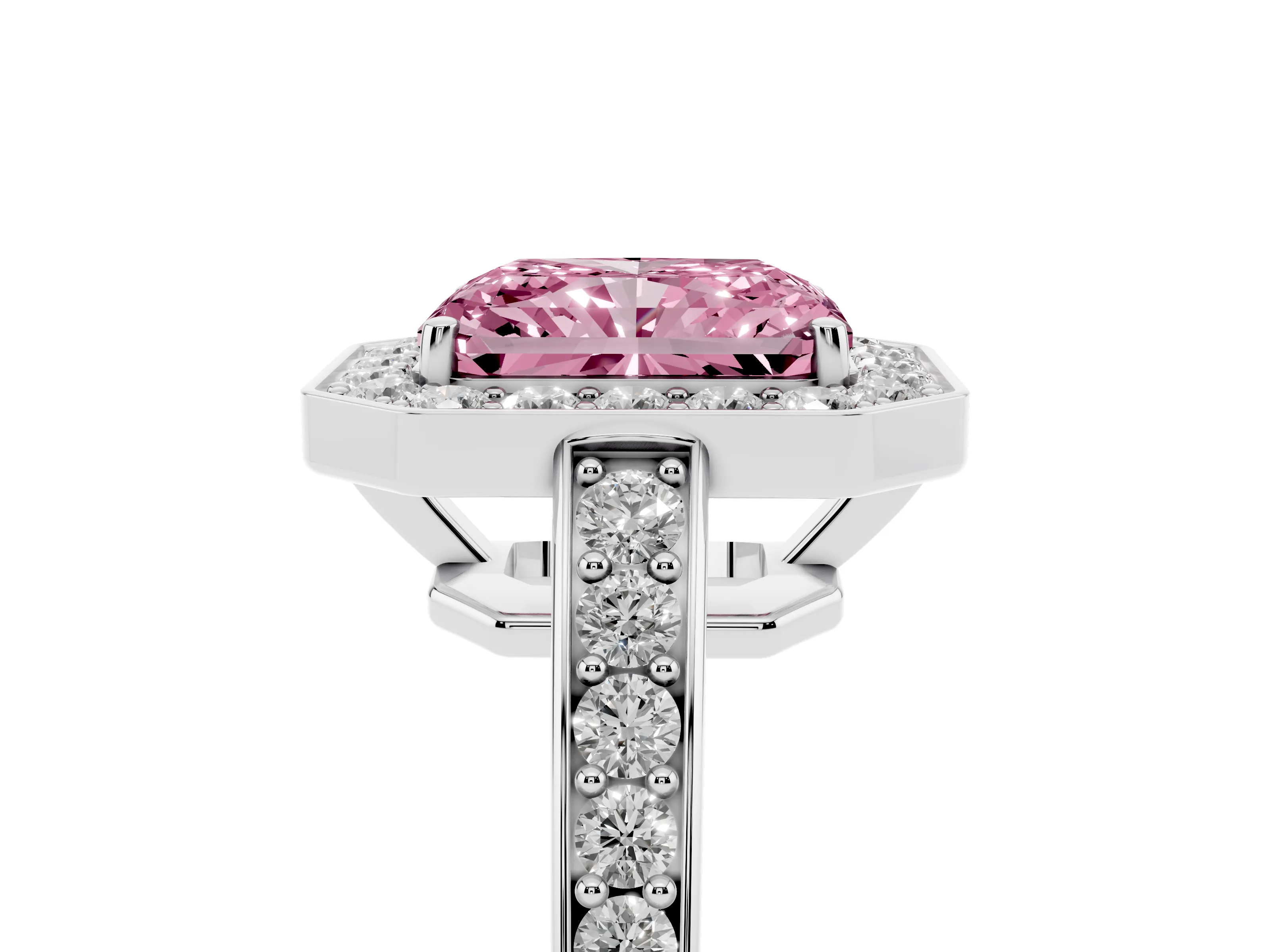 Fancy Pink Radiant Cut Diamond Halo Pavé Engagement Ring Set in Platinum with Bezel Setting