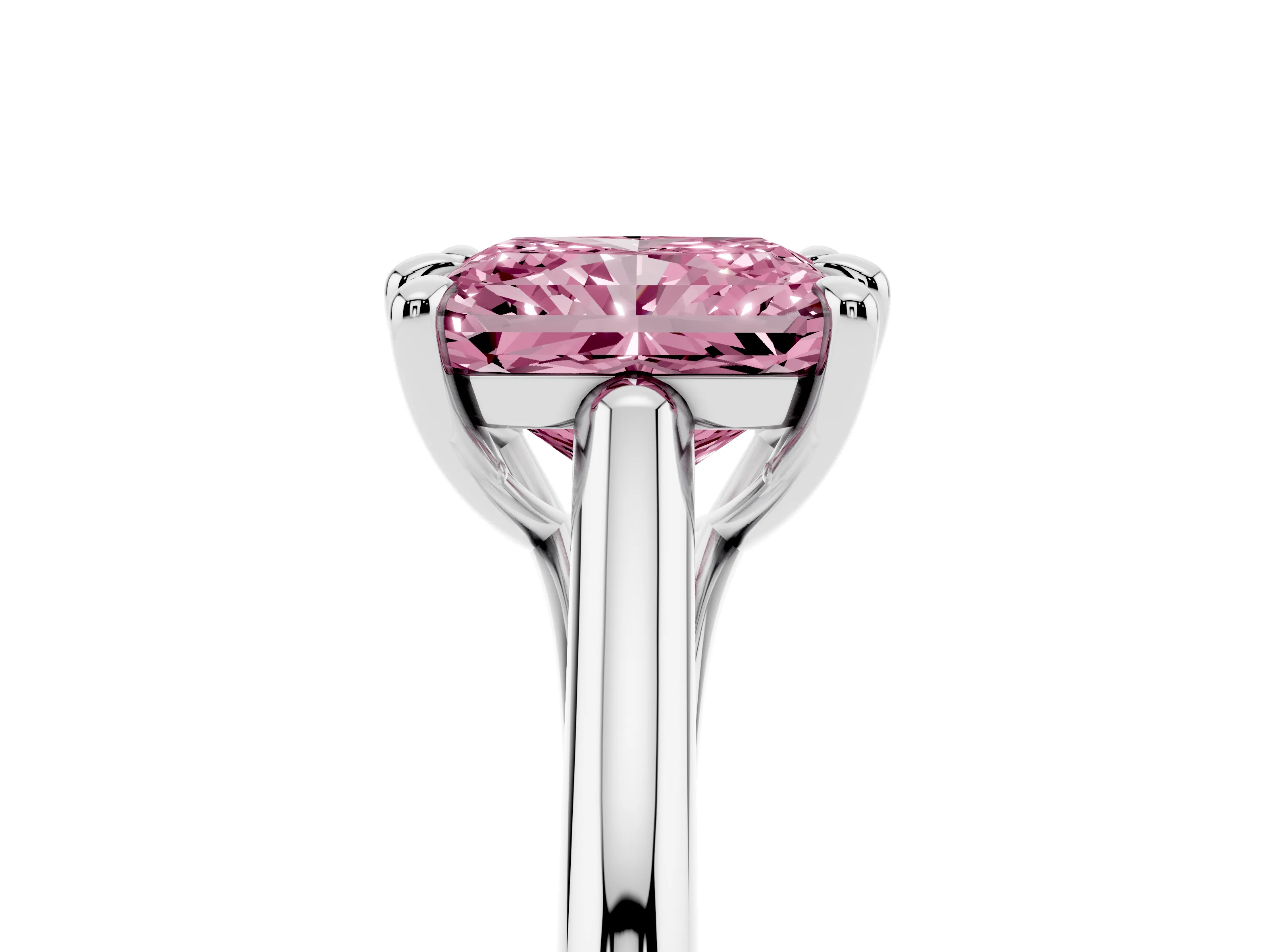 Fancy Pink Radiant Cut Diamond Solitaire Engagement Ring Set in Silver with Prong Setting and Plain Classic Band