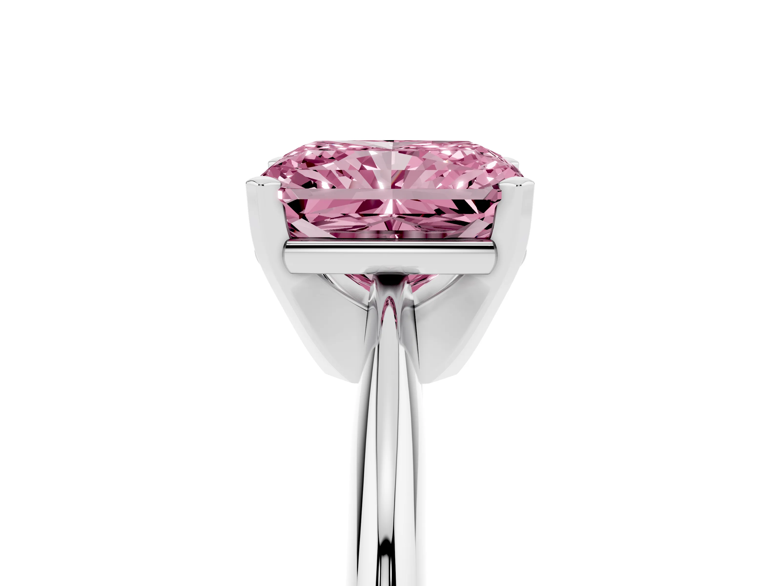 Fancy Pink Radiant Cut Diamond Solitaire Ring Set in Platinum with Prong Setting on a Plain Round Band