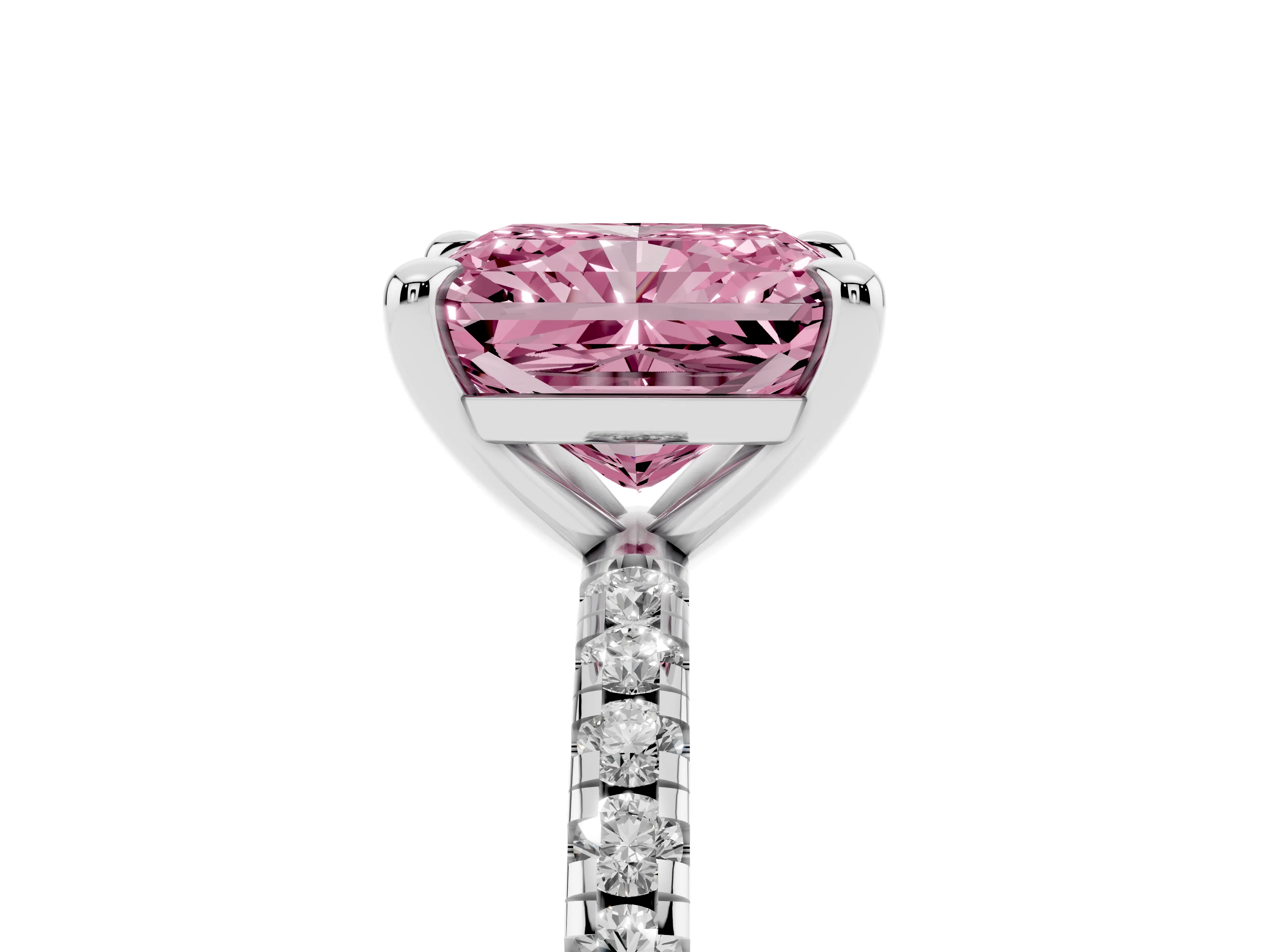 Fancy Pink Radiant Cut Diamond Brilliant Solitaire Ring Set in Platinum with Pavé Band and Prong Setting